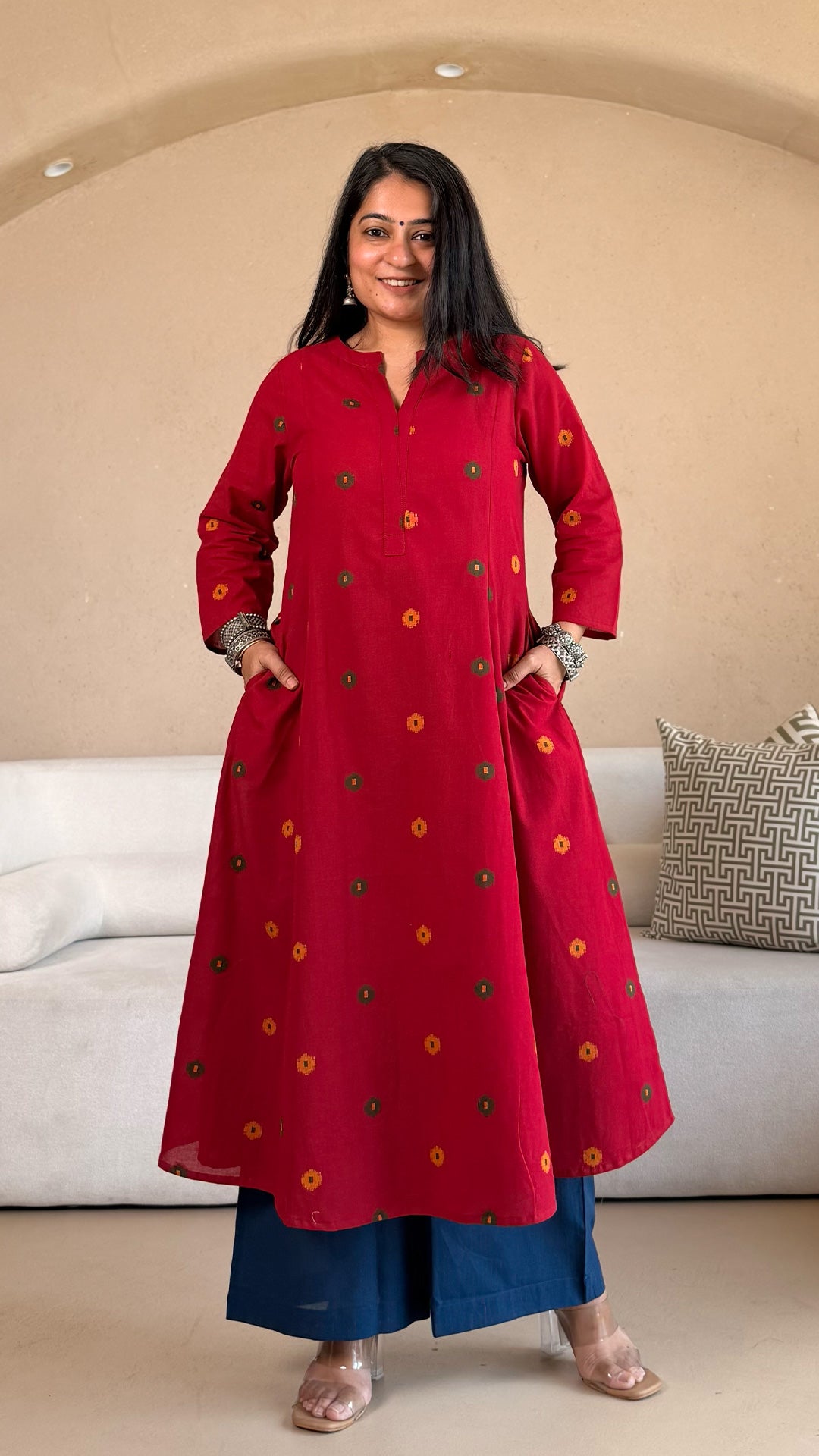 Spiti Handwoven Cotton Kurta- Red/Blue