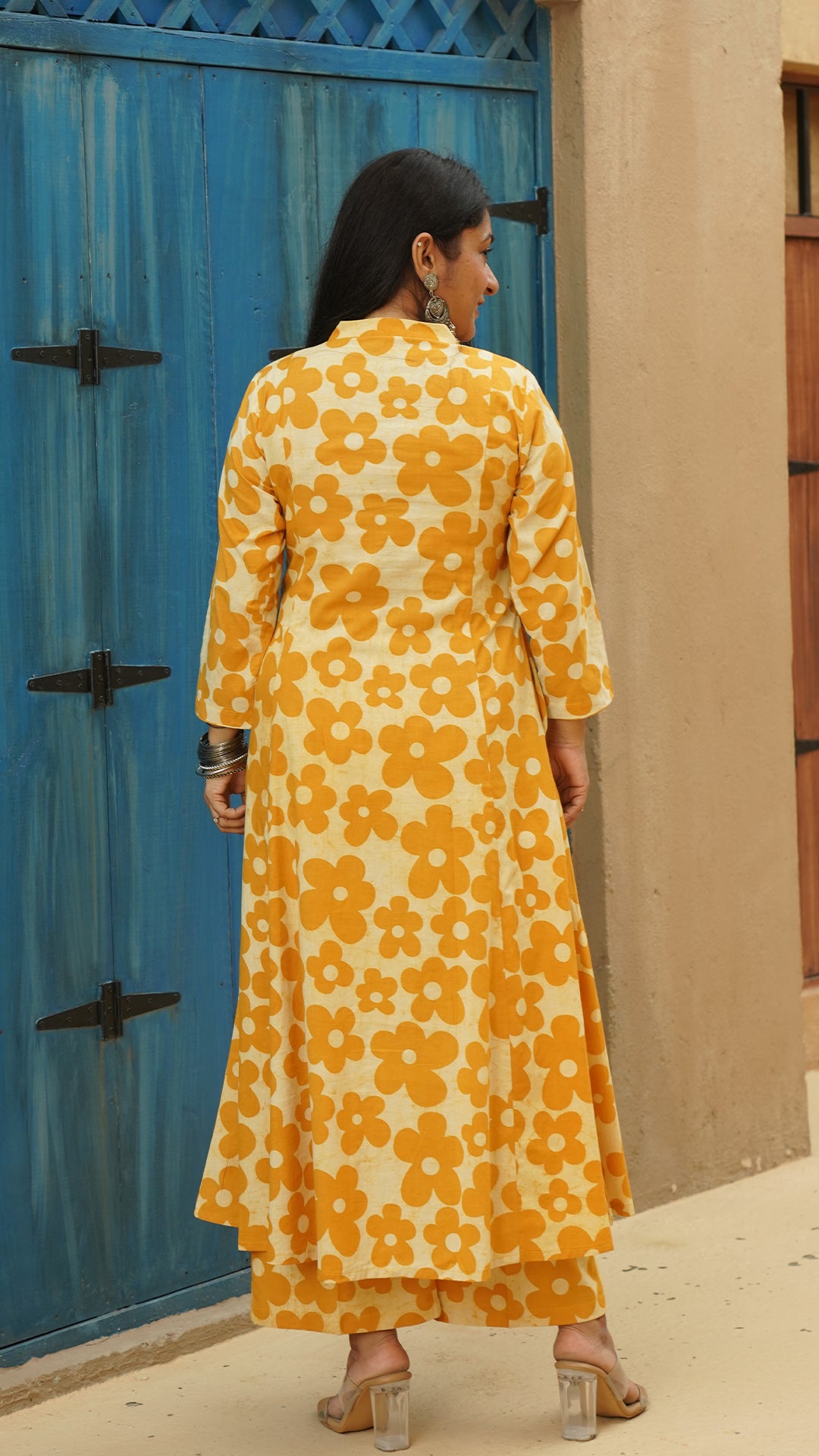 Kosha - Yellow Floral Kali Kurta In Cotton