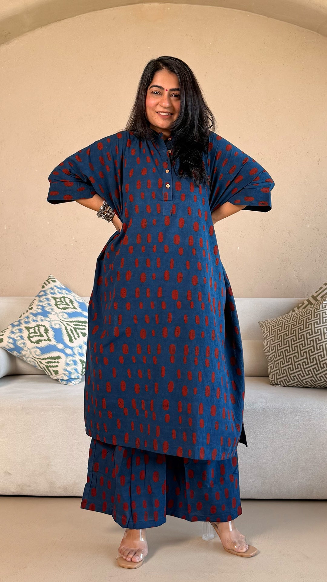 Kanan Ajrakh Cotton Kaftan Co-ord - Indigo/Red