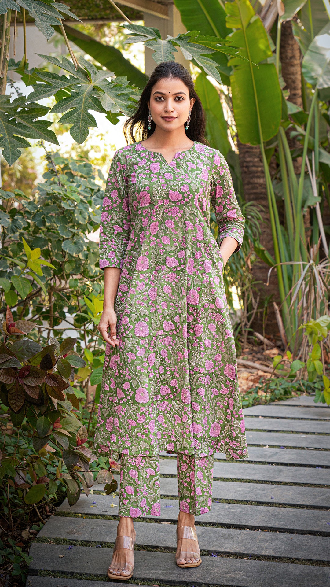 Shanaya Sanganeri Hand Block Kali Cotton Kurta - Green