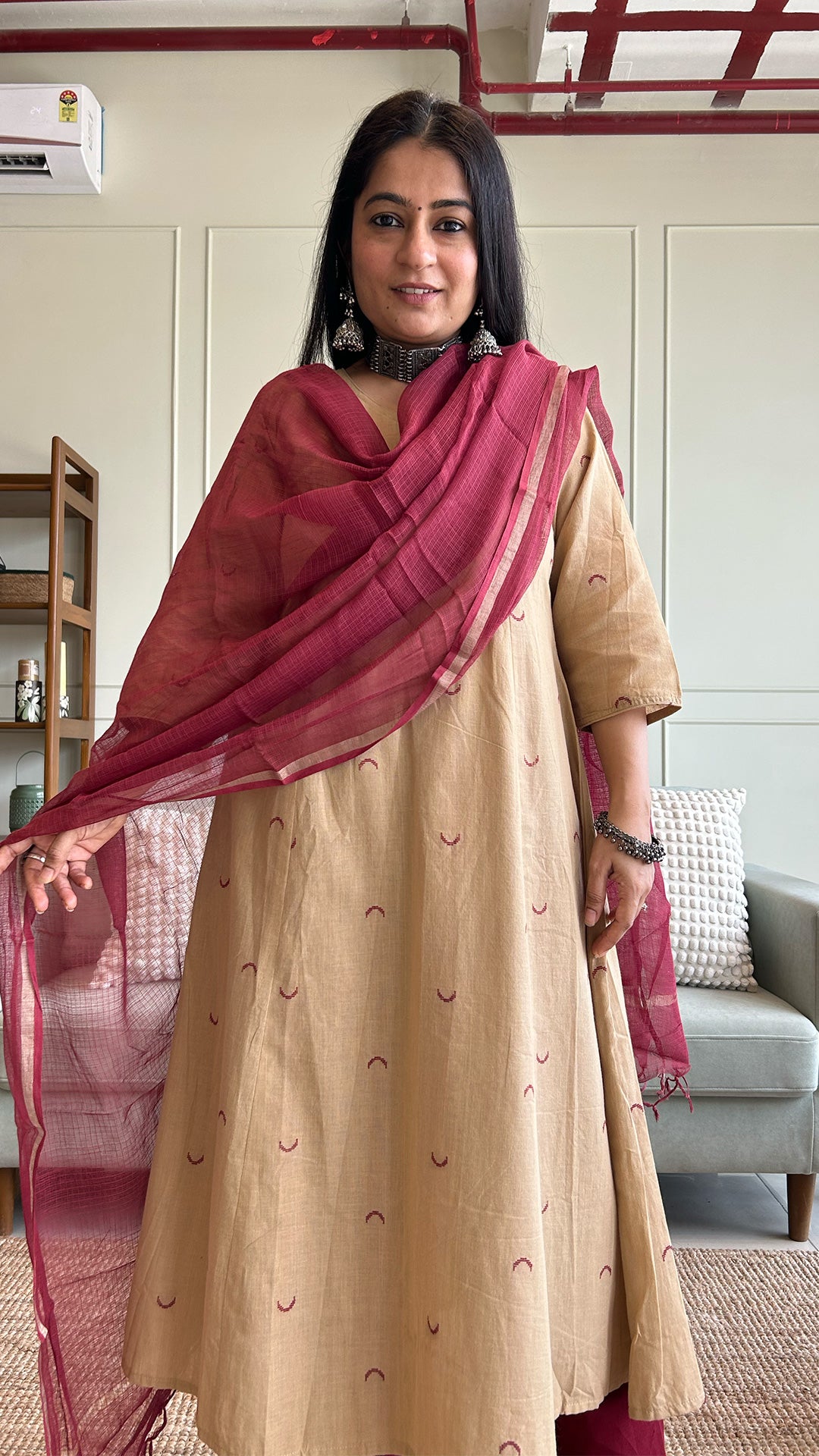 Zavi Chand Motif Hand Woven Kali Cotton Kurta - Sand