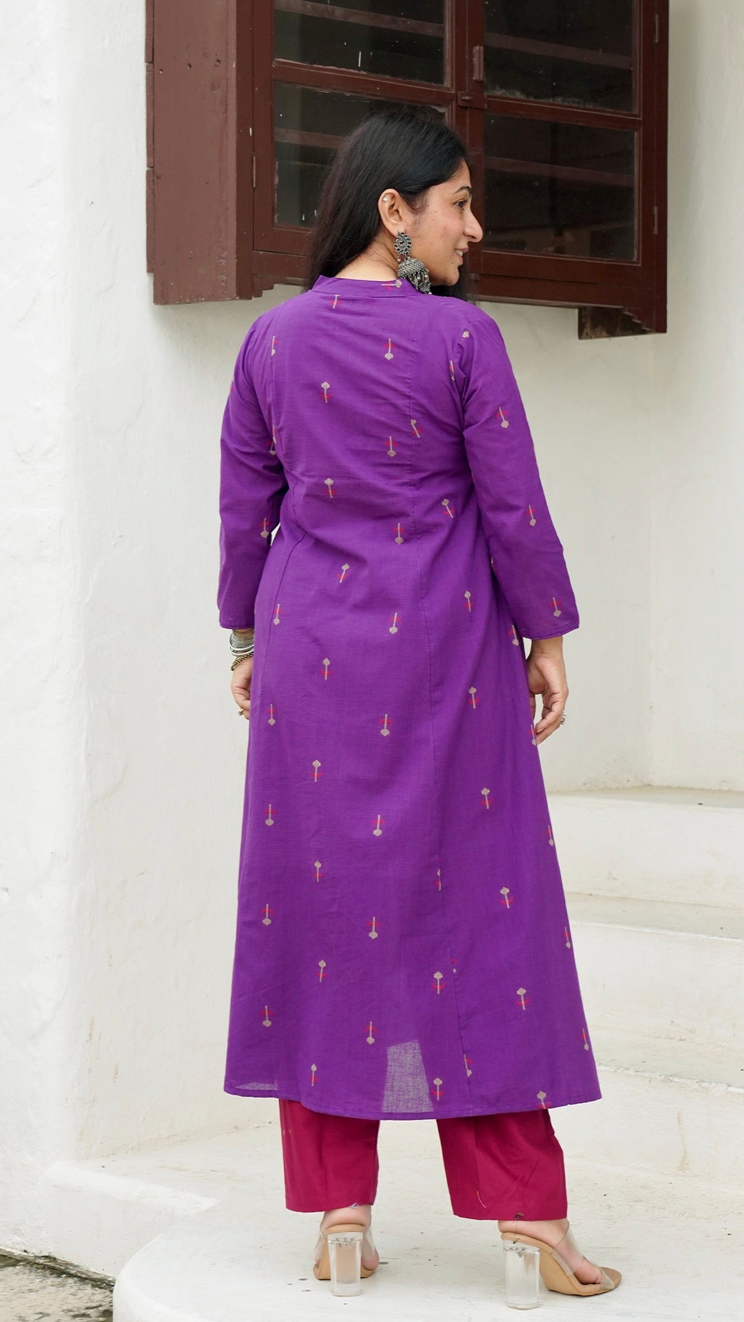 Veda Flower Motif Hand Woven Kali Cotton Kurta - Purple