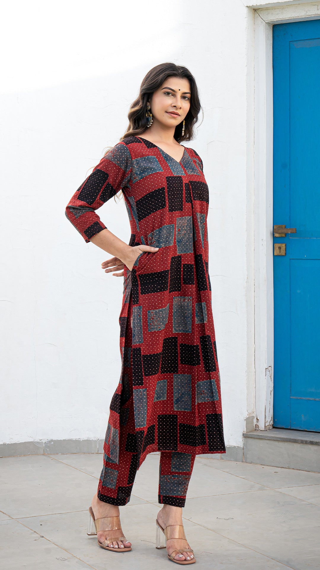 Aadhya Ajrakh Handblock Kurta - Brick Red