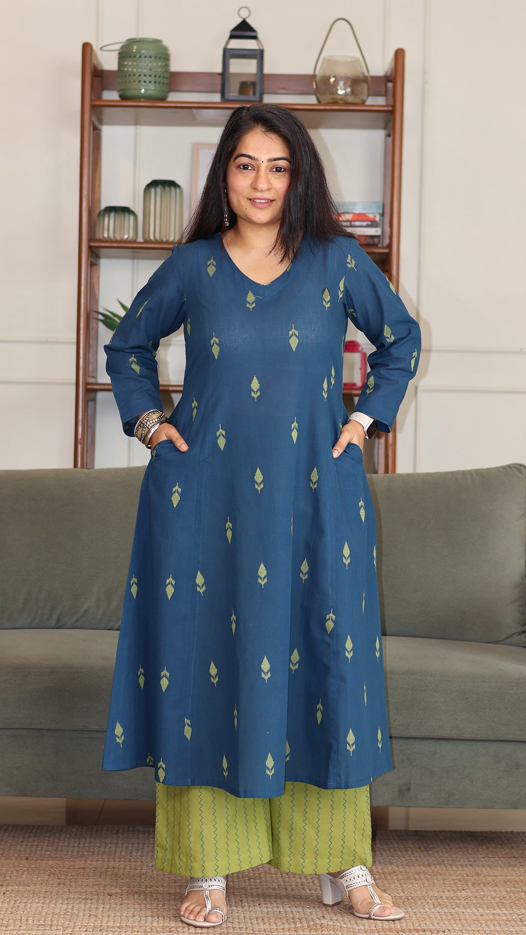 Aafreen Handwoven Cotton Kurta - Blue/Green