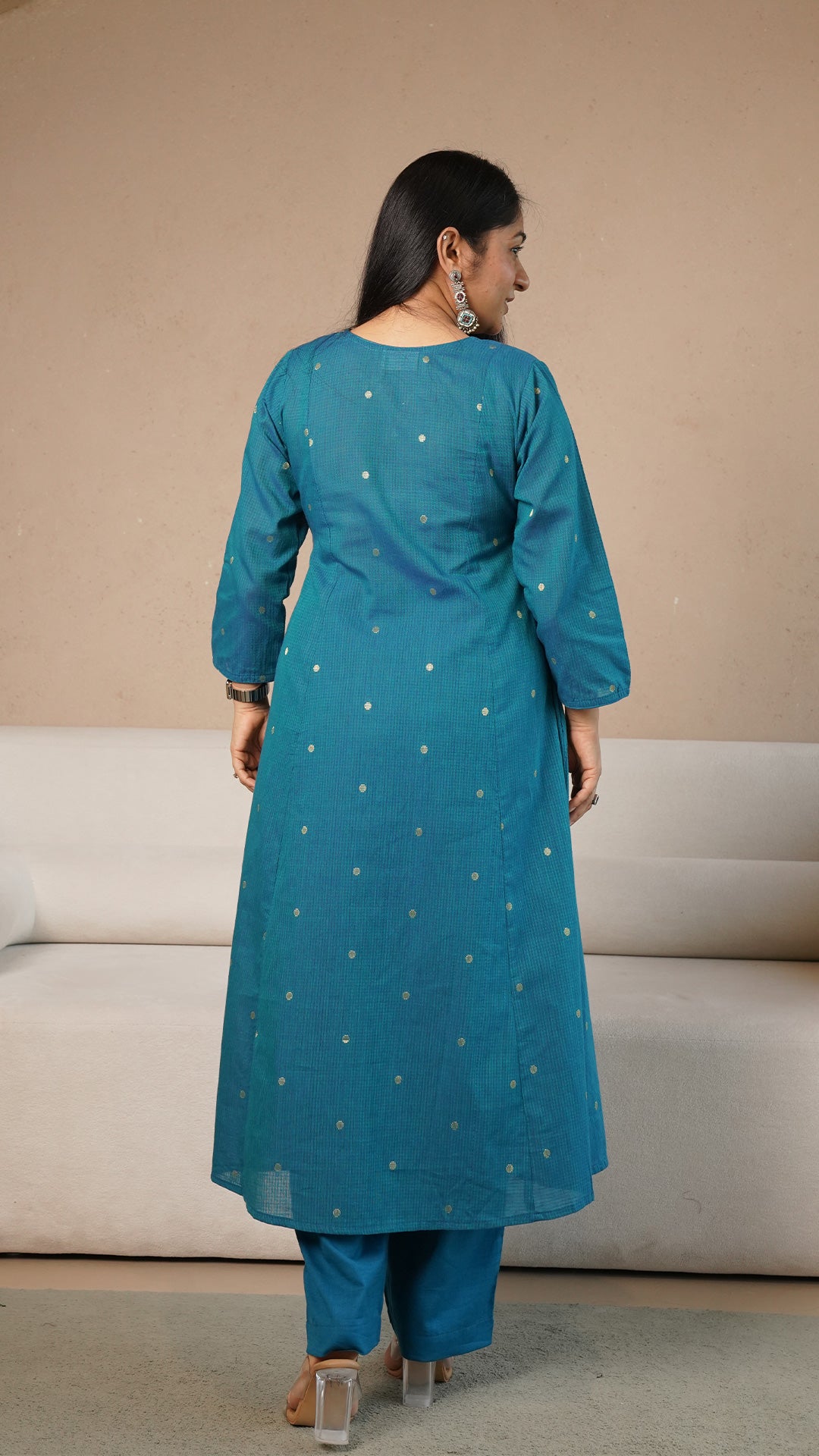 Keya Hand Woven Golden Zari Motif Kali Cotton Kurta - Blue