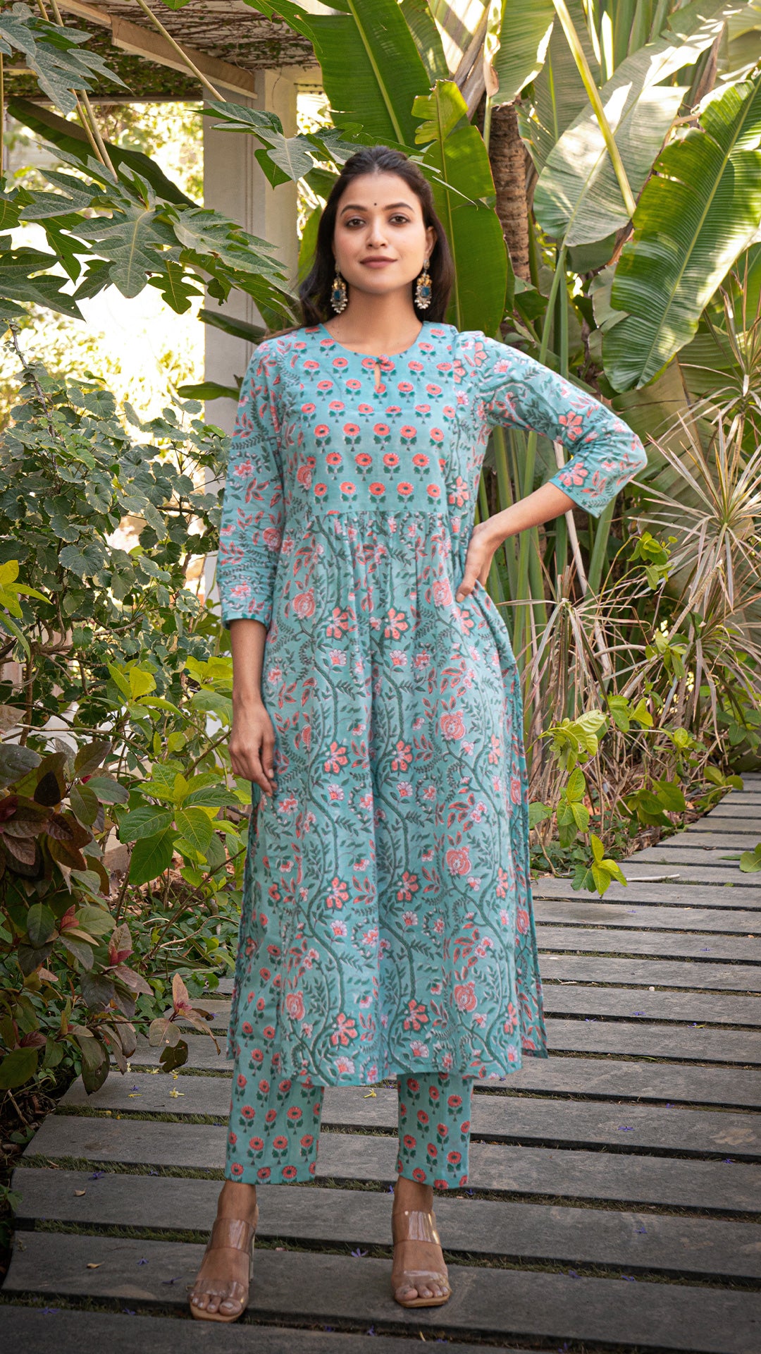 Nushrat Sanganeri Hand Block Cotton Kurta - Turquoise