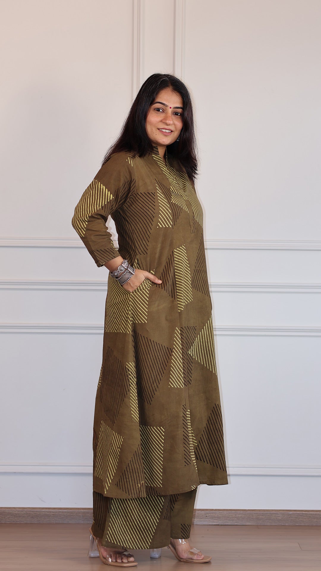 Nyra Ajrakh Geometric Print Cotton Hand Block Kurta Set- Brown