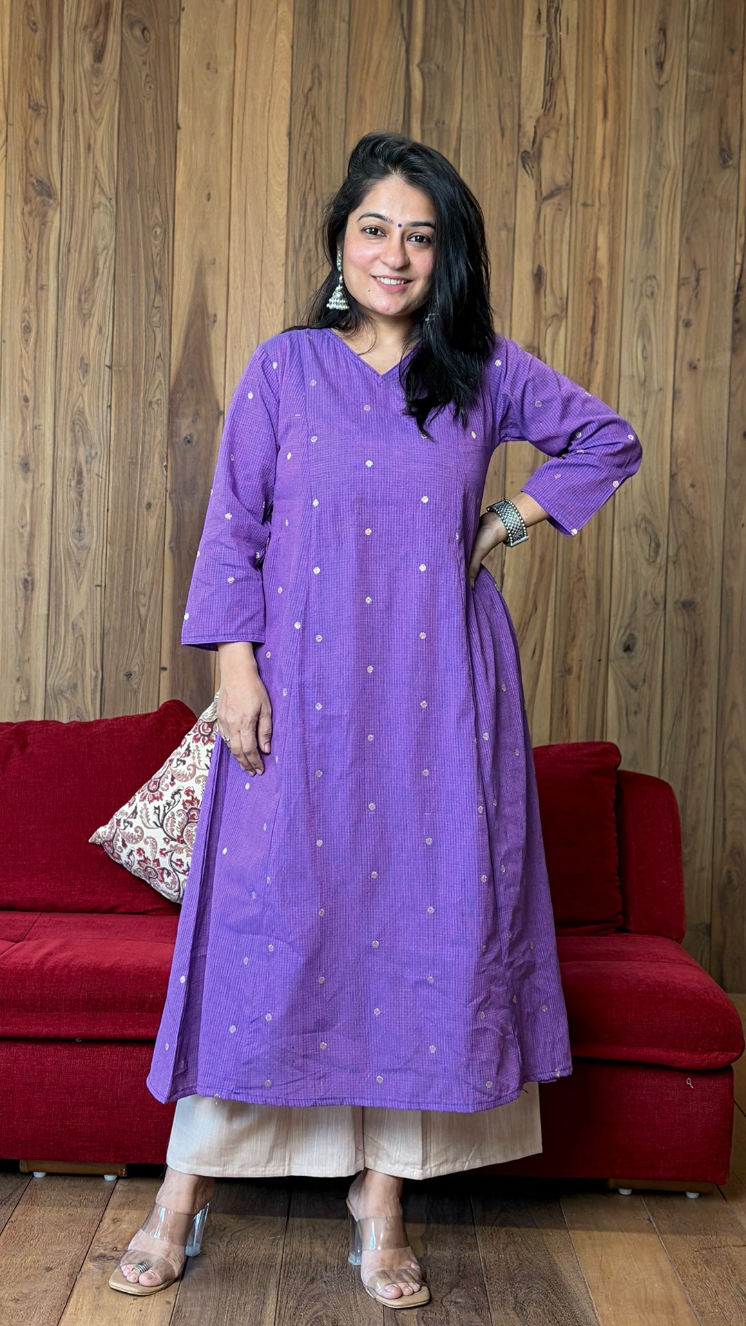 Tara Golden Butti Hand Woven Kali Kurta In Cotton - Purple