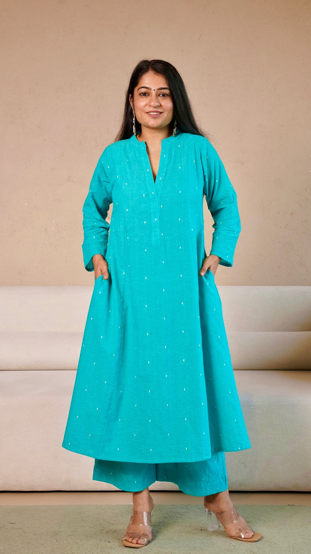 Freya Hand Woven Kali Cotton Kurta - Green