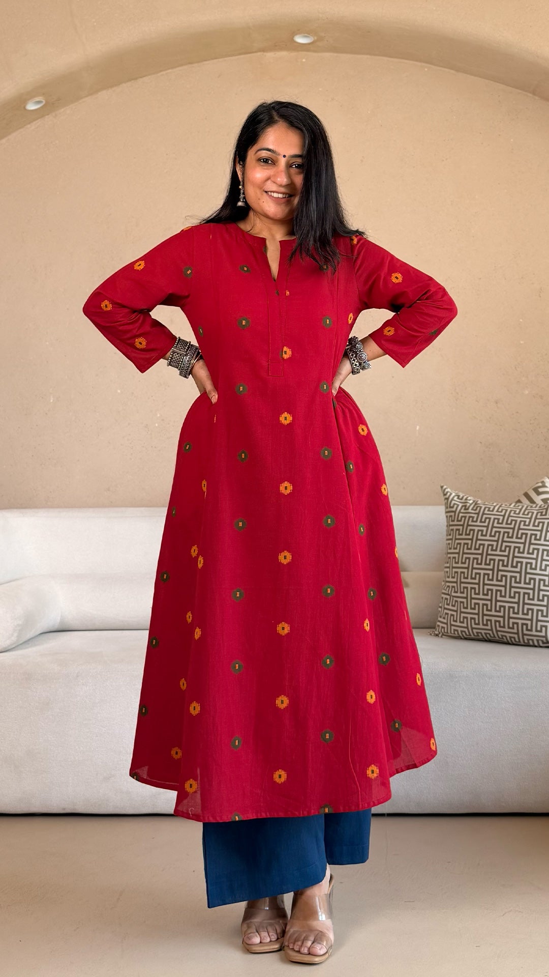 Spiti Handwoven Cotton Kurta- Red/Blue