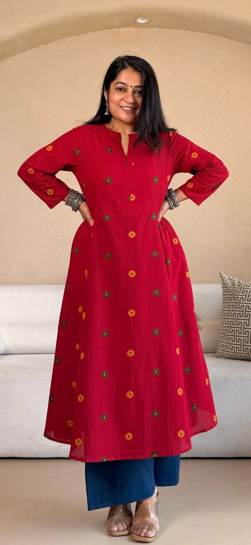 Spiti Handwoven Cotton Kurta- Red/Blue