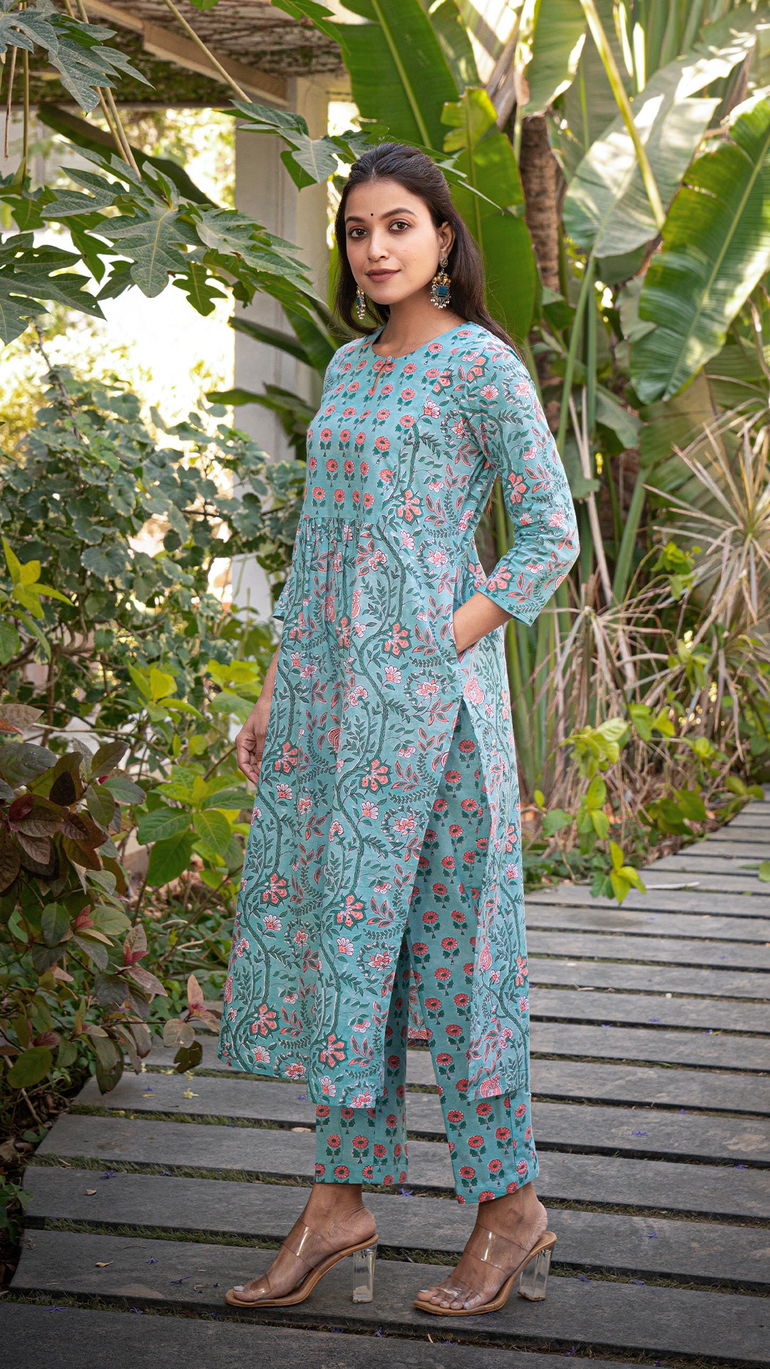 Nushrat Sanganeri Hand Block Cotton Kurta - Turquoise
