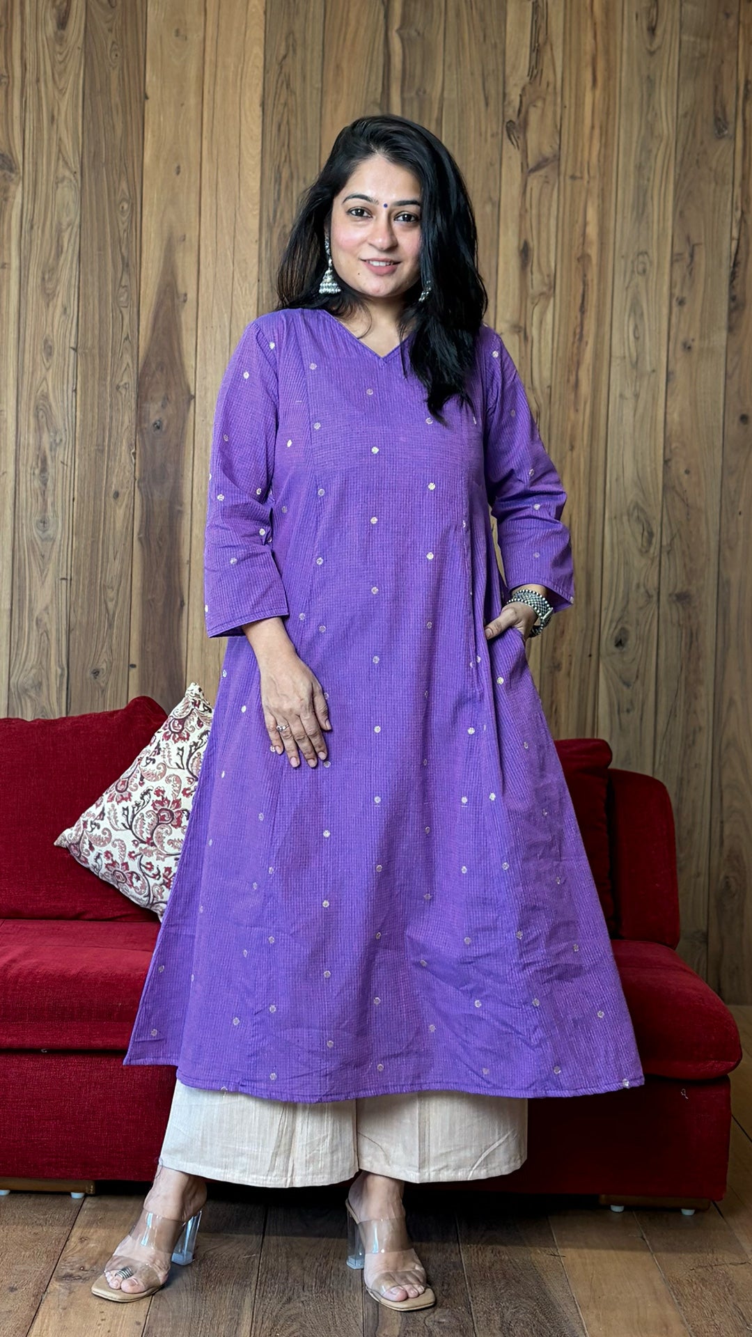 Tara Golden Butti Hand Woven Kali Kurta In Cotton - Purple