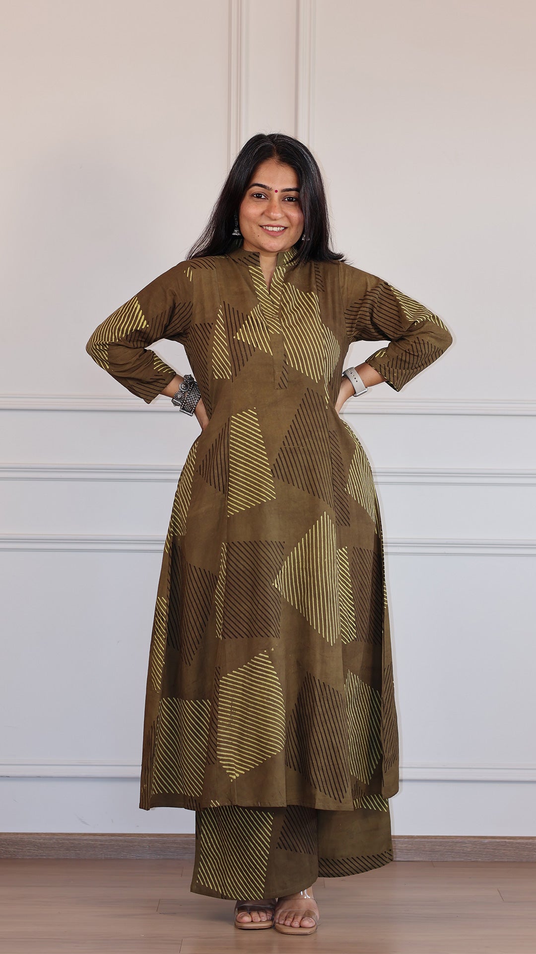 Nyra Ajrakh Geometric Print Cotton Hand Block Kurta Set- Brown