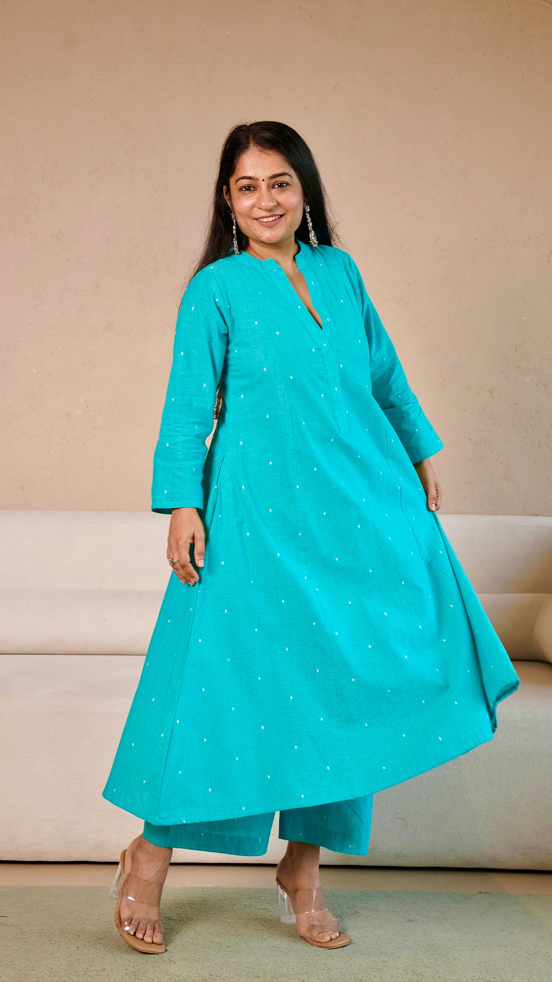Freya Hand Woven Kali Cotton Kurta - Green
