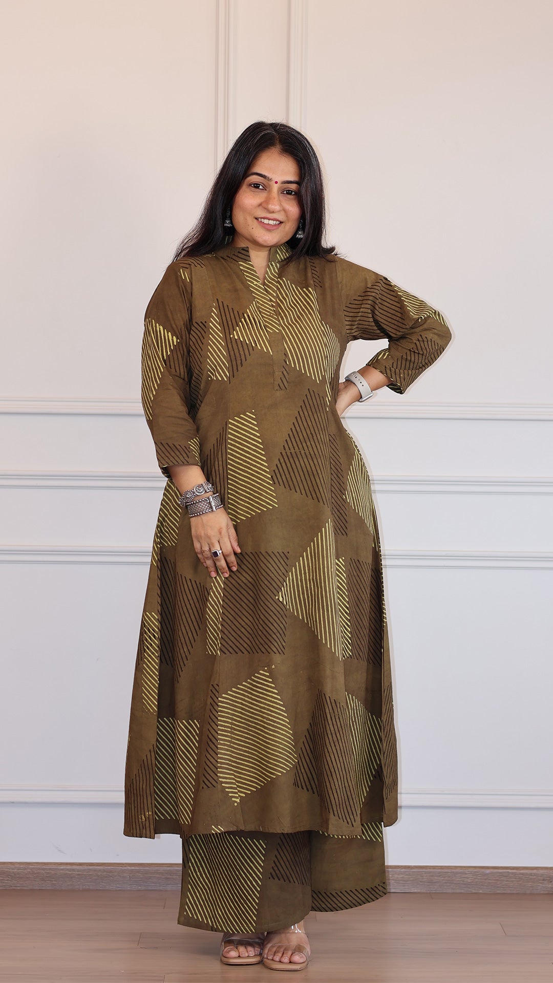 Nyra Ajrakh Geometric Print Cotton Hand Block Kurta Set- Brown