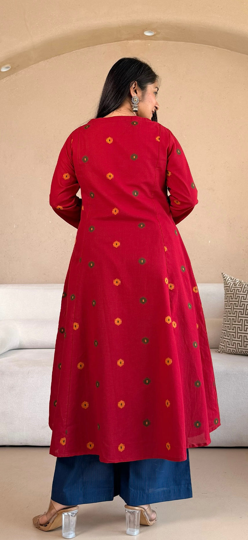 Spiti Handwoven Cotton Kurta- Red/Blue