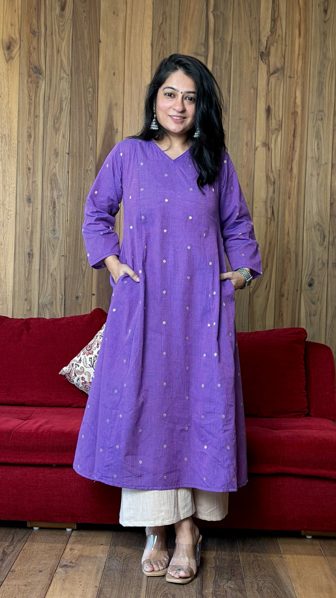 Tara Golden Butti Hand Woven Kali Kurta In Cotton - Purple