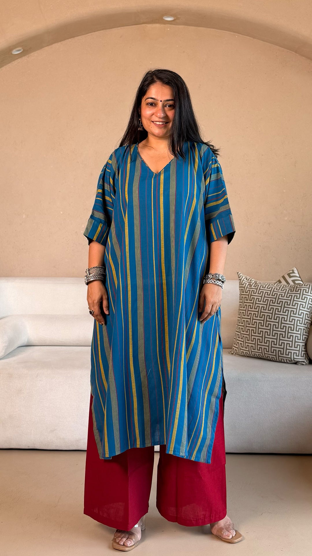 Anoli Stripes Kaftan Co-ord In Handwoven Cotton - Blue
