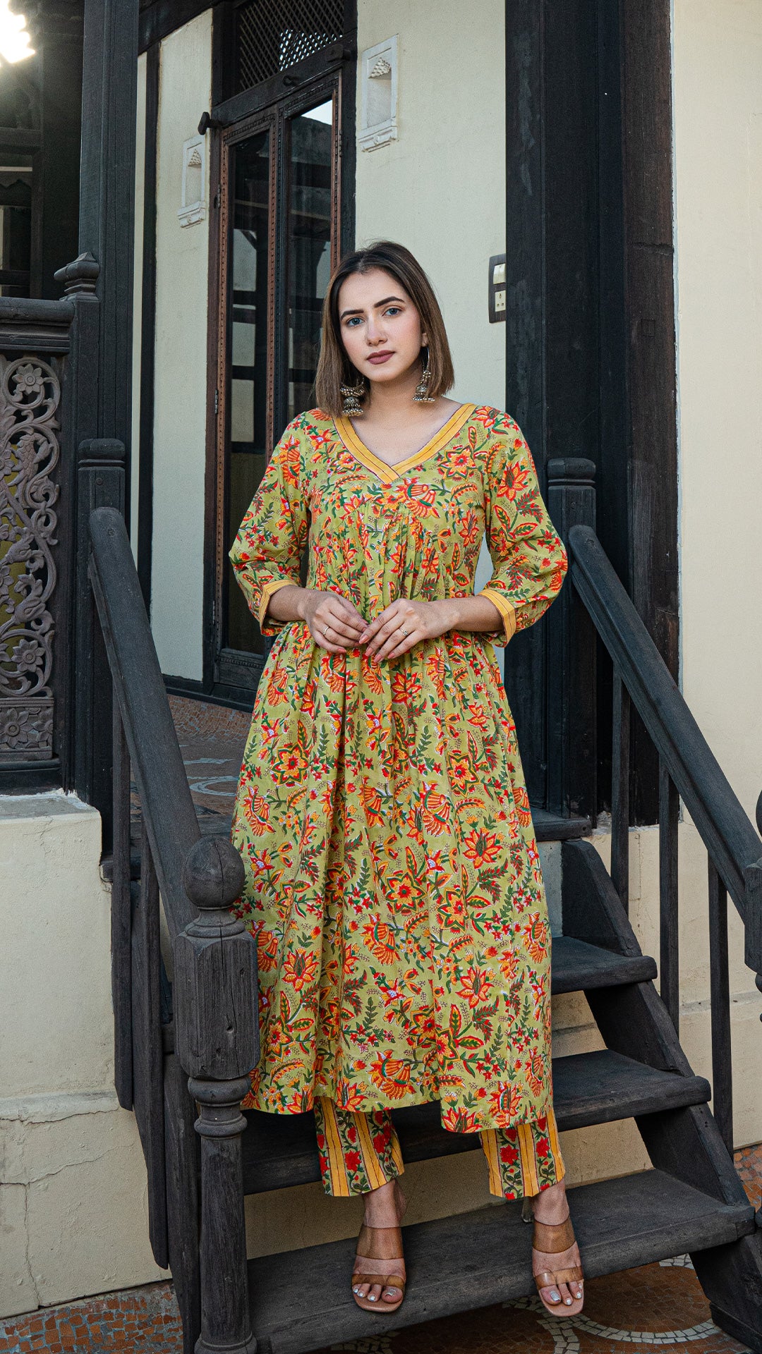 Kashish Sanganeri Hand Block Cotton Kurta - Green/Yellow