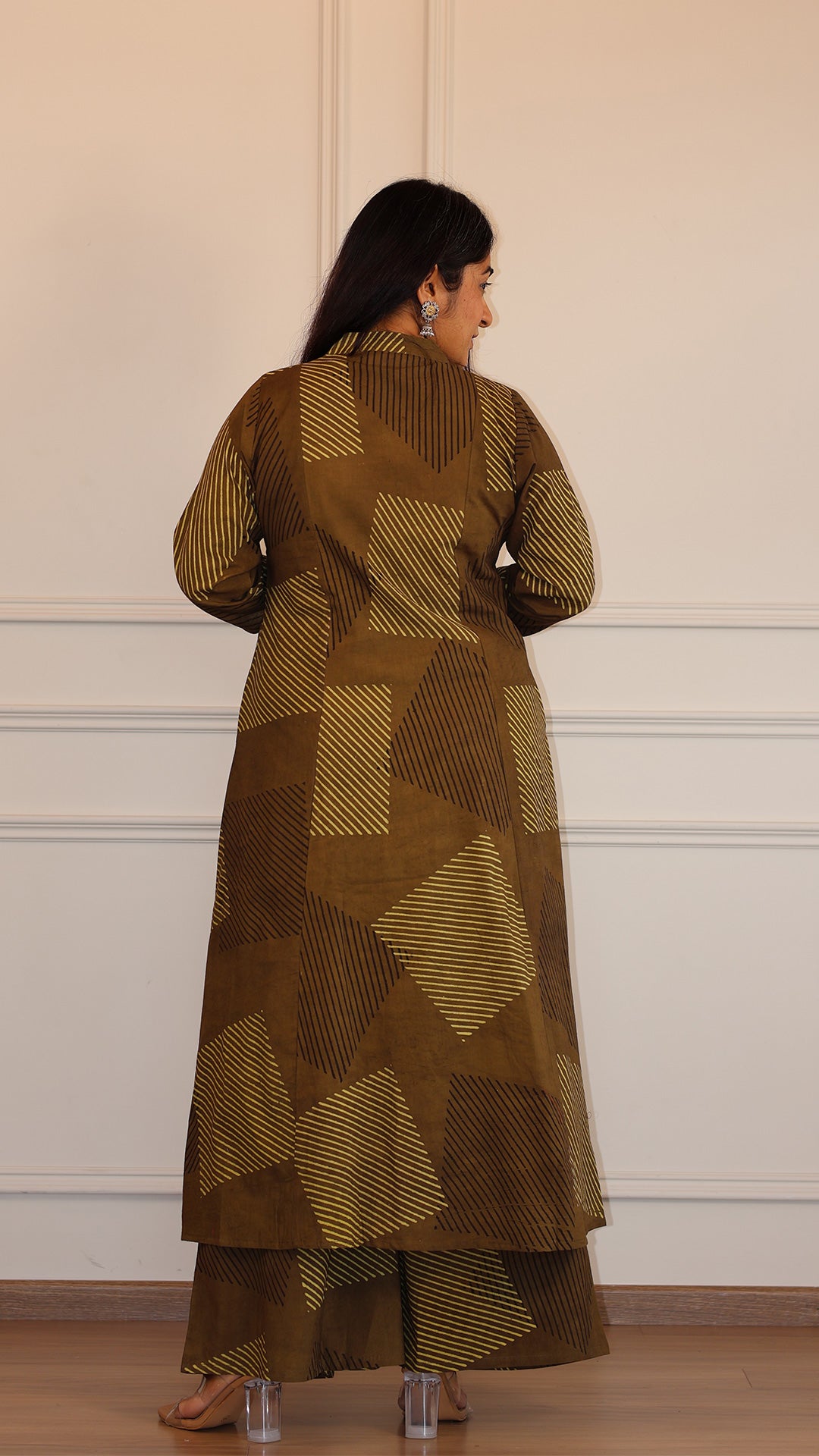 Nyra Ajrakh Geometric Print Cotton Hand Block Kurta Set- Brown