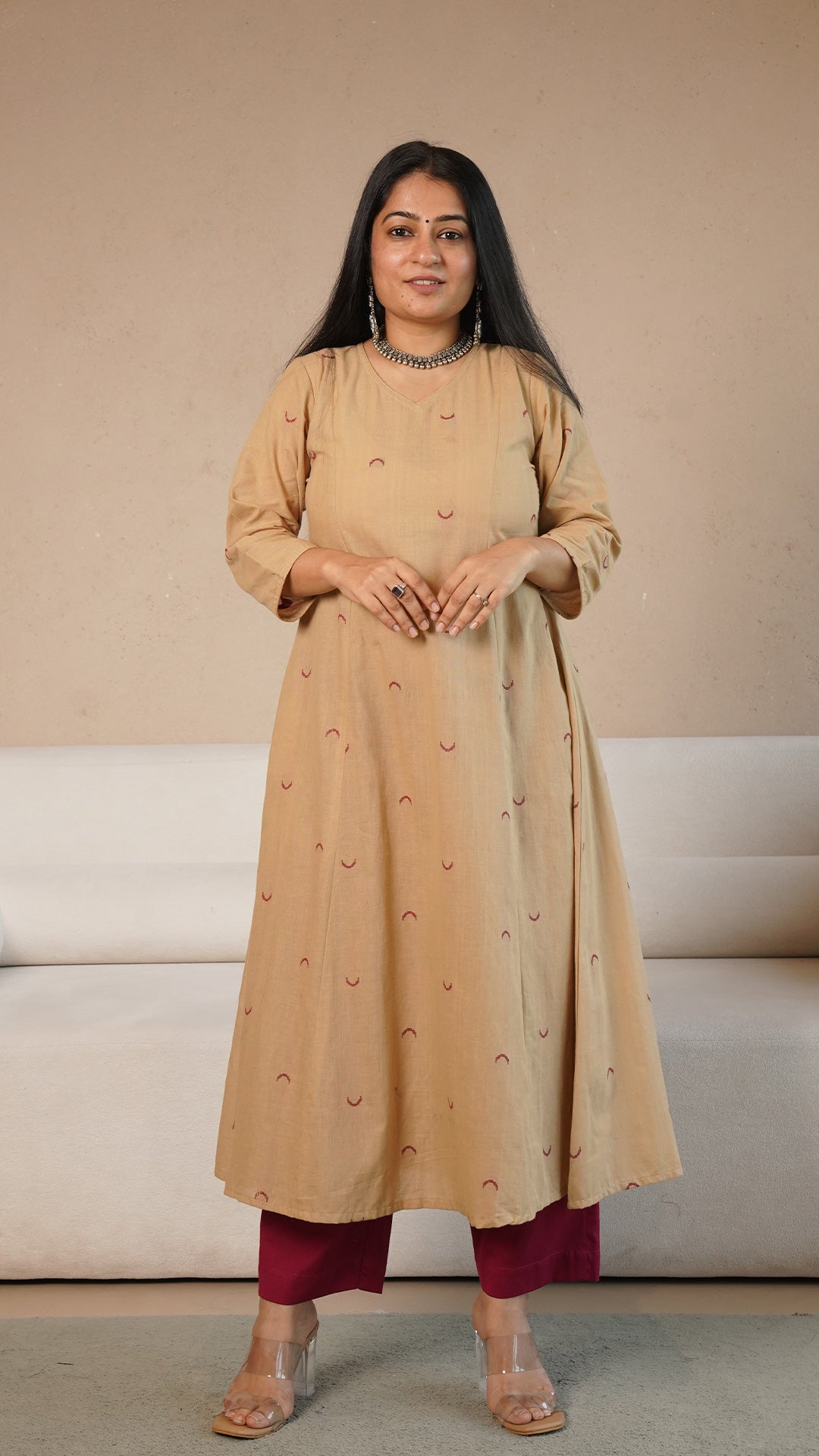 Zavi Chand Motif Hand Woven Kali Cotton Kurta - Sand