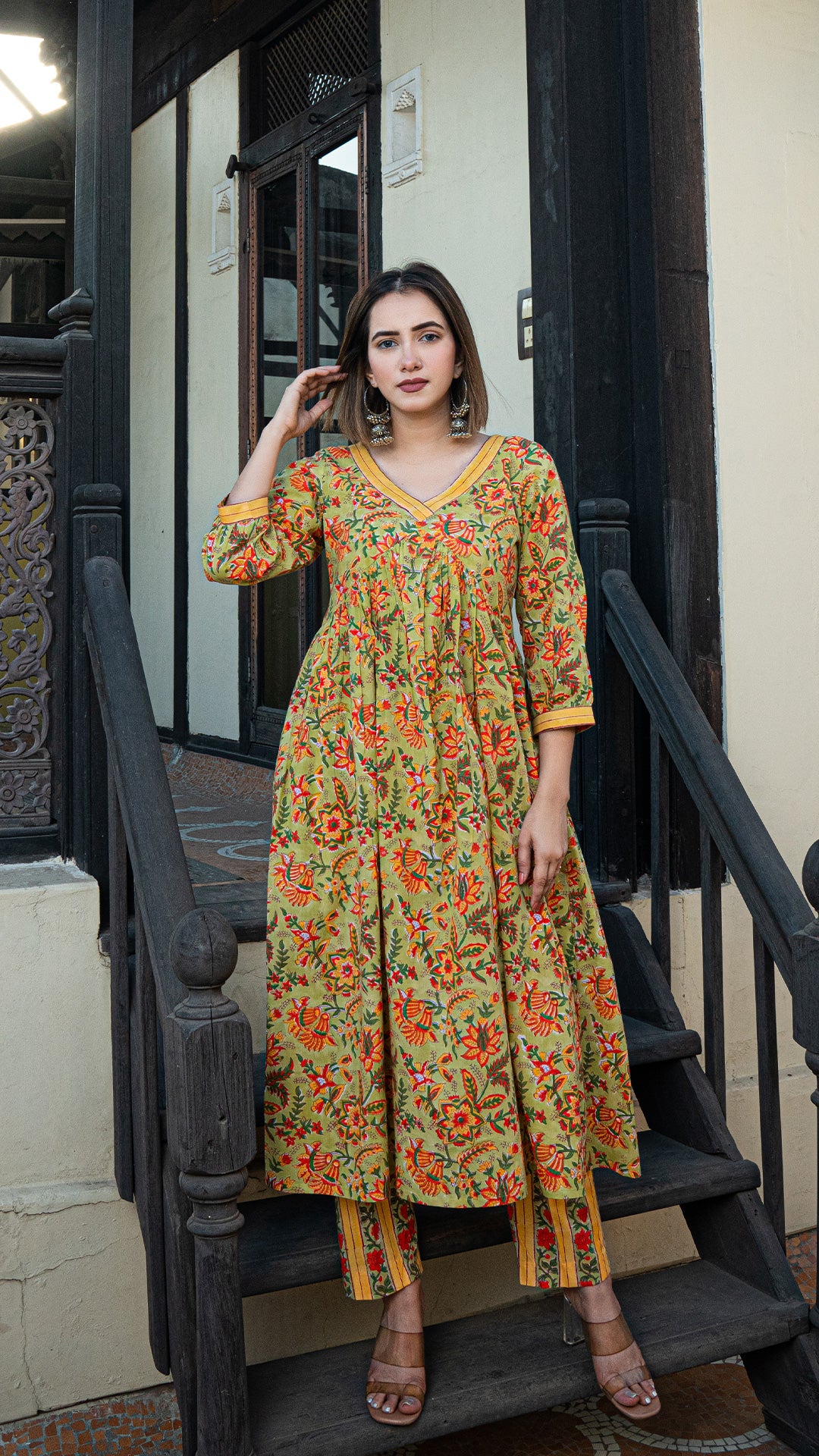 Kashish Sanganeri Hand Block Cotton Kurta - Green/Yellow