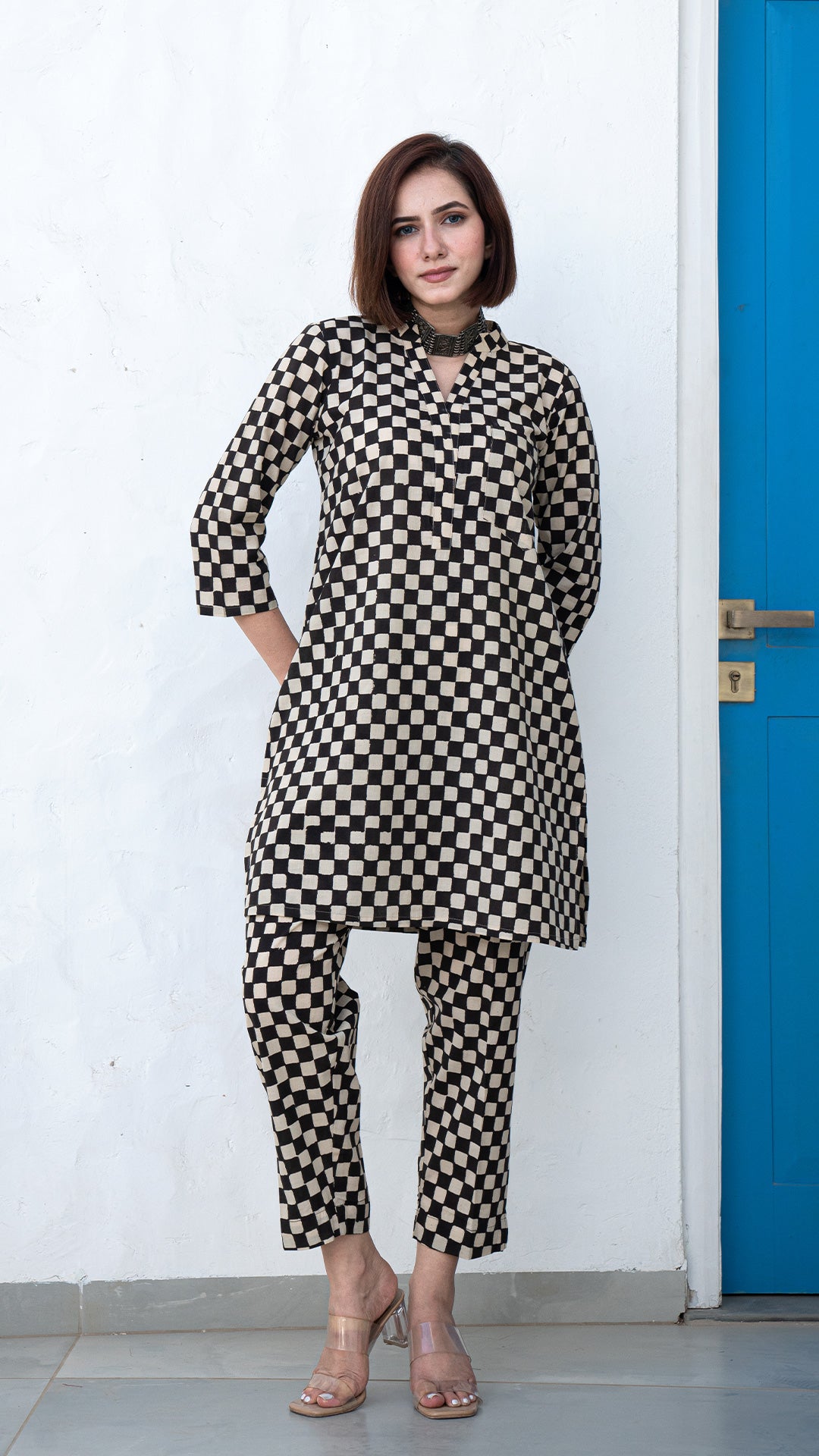 Alisha Checkered Co-ord Set In Cotton - Black