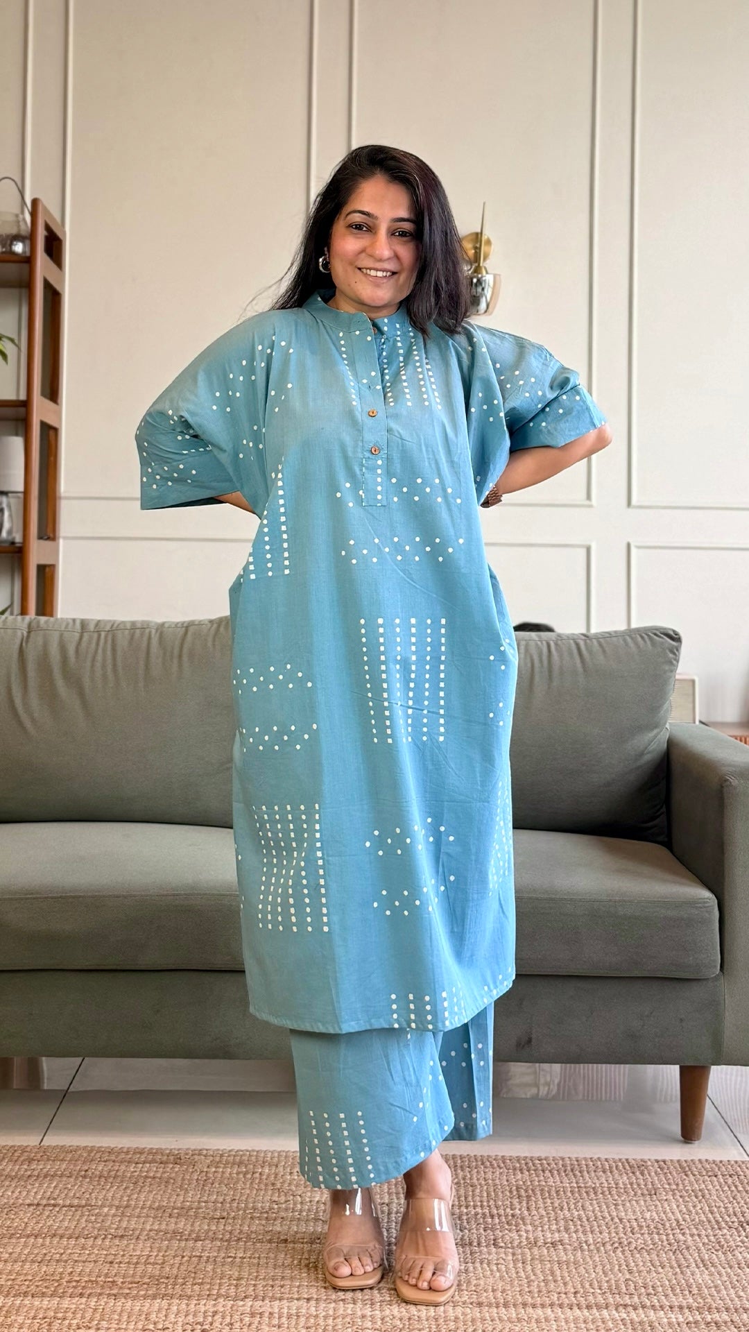 Aarvi Kaftan Co-ord In Cotton - Sky Blue