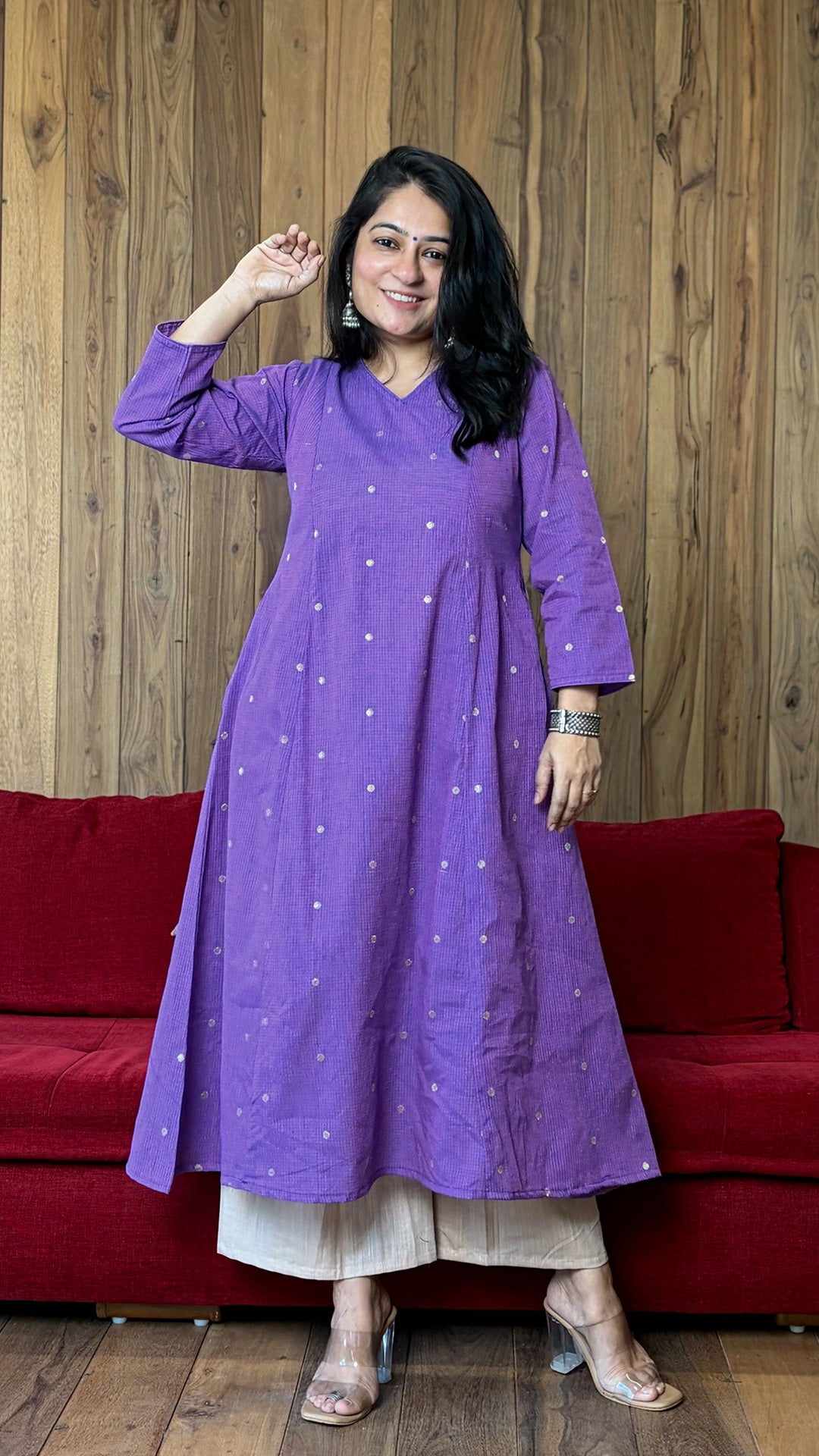 Tara Golden Butti Hand Woven Kali Kurta In Cotton - Purple