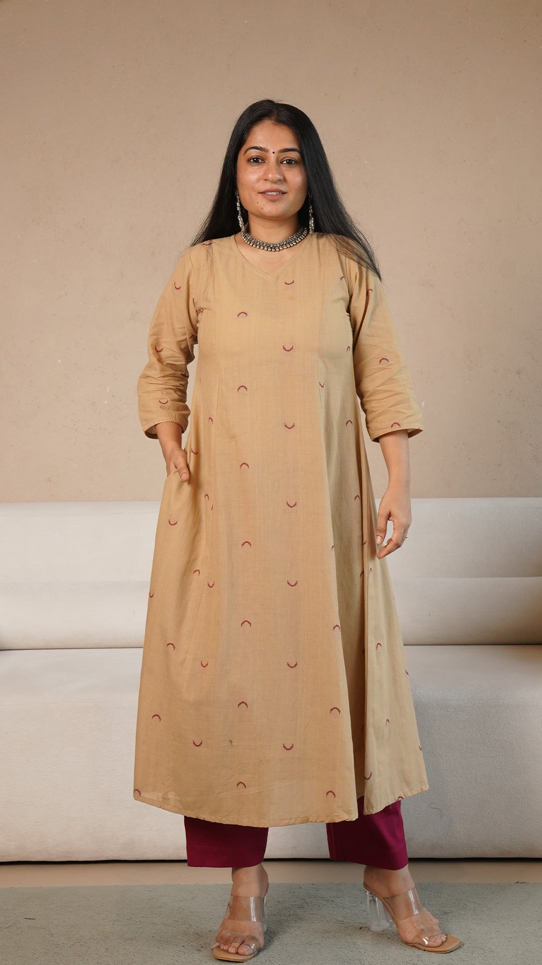Zavi Chand Motif Hand Woven Kali Cotton Kurta - Sand