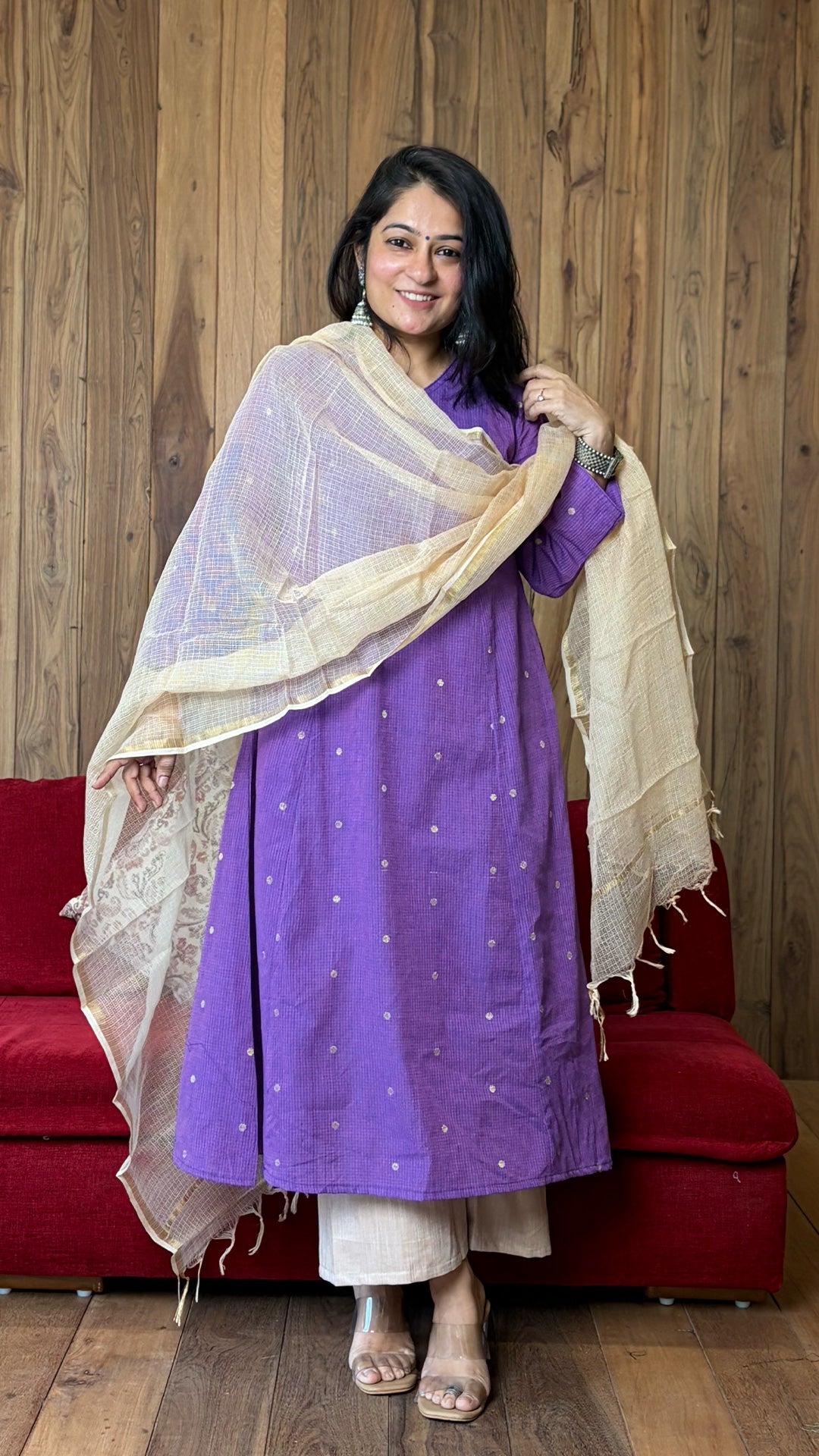 Tara Golden Butti Hand Woven Kali Kurta In Cotton - Purple