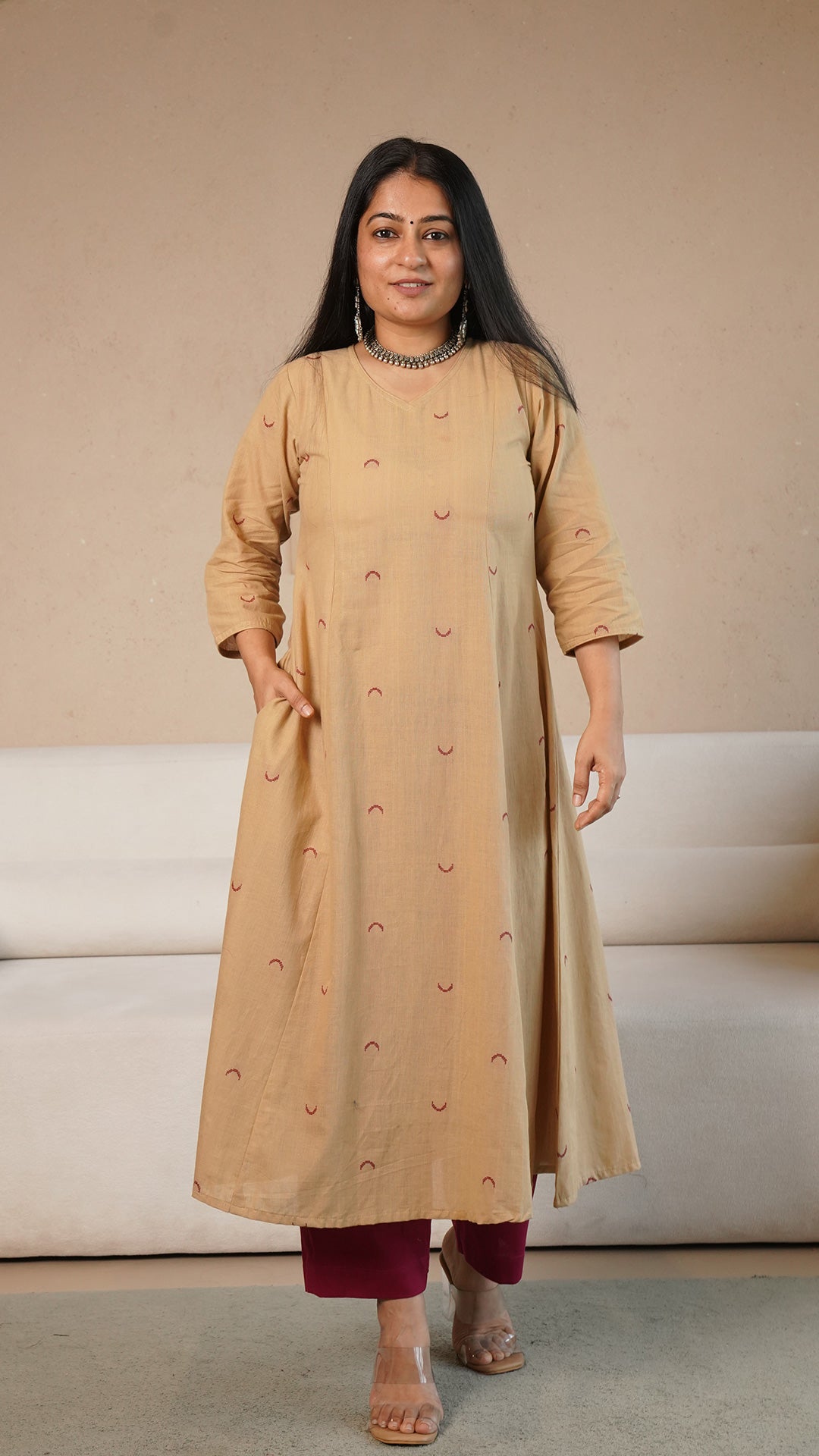 Zavi Chand Motif Hand Woven Kali Cotton Kurta - Sand