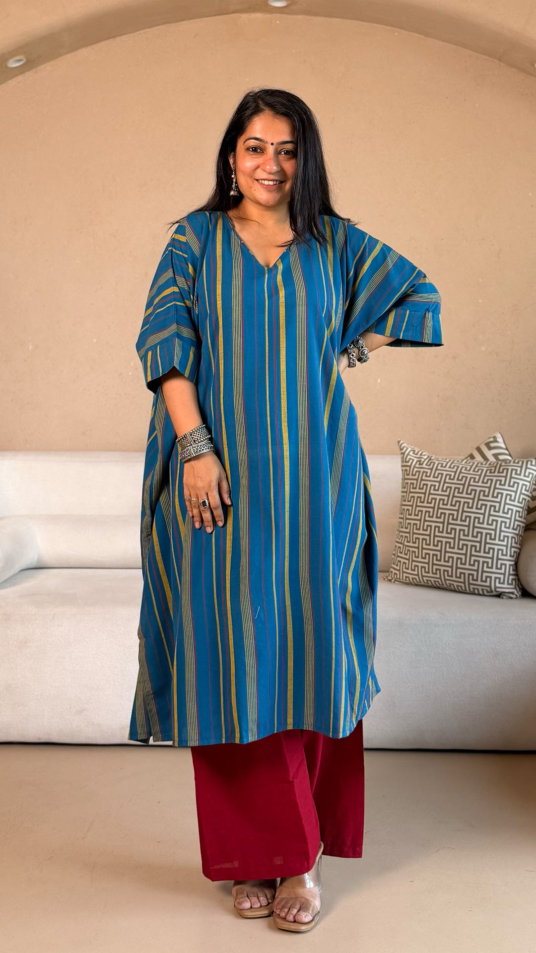 Anoli Stripes Kaftan Co-ord In Handwoven Cotton - Blue