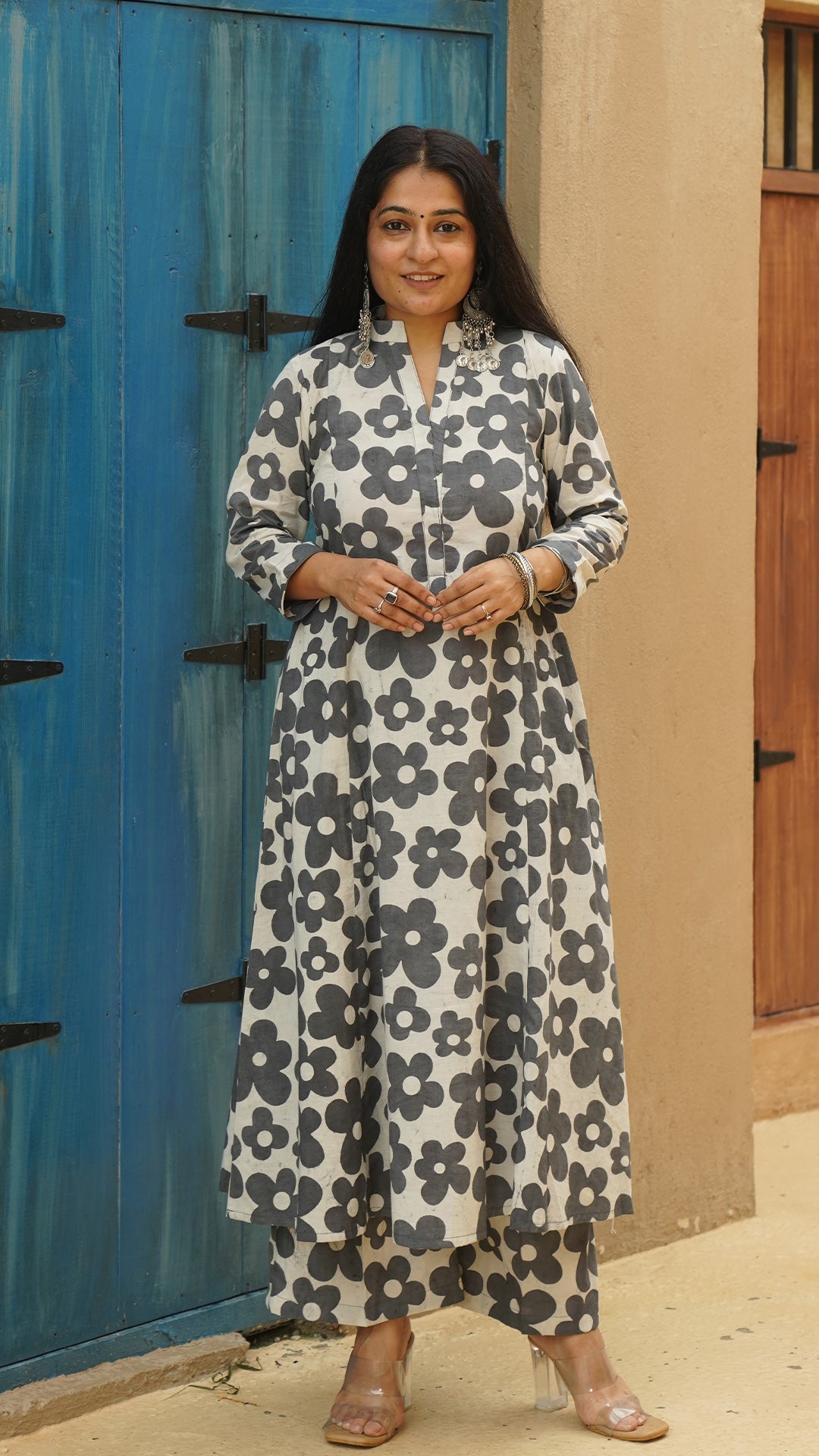 Rhea - Grey Floral Kali Kurta In Cotton