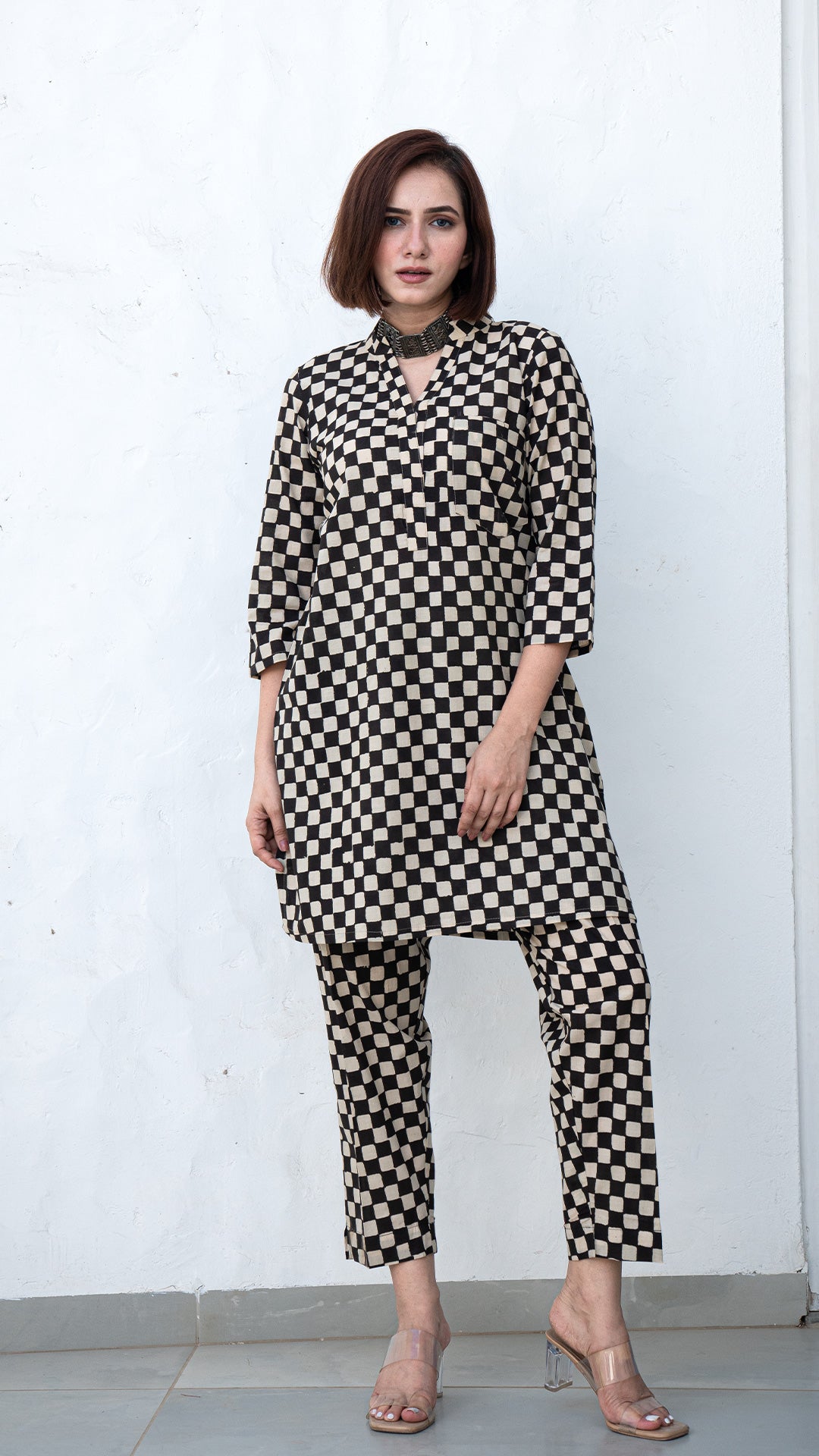 Alisha Checkered Co-ord Set In Cotton - Black