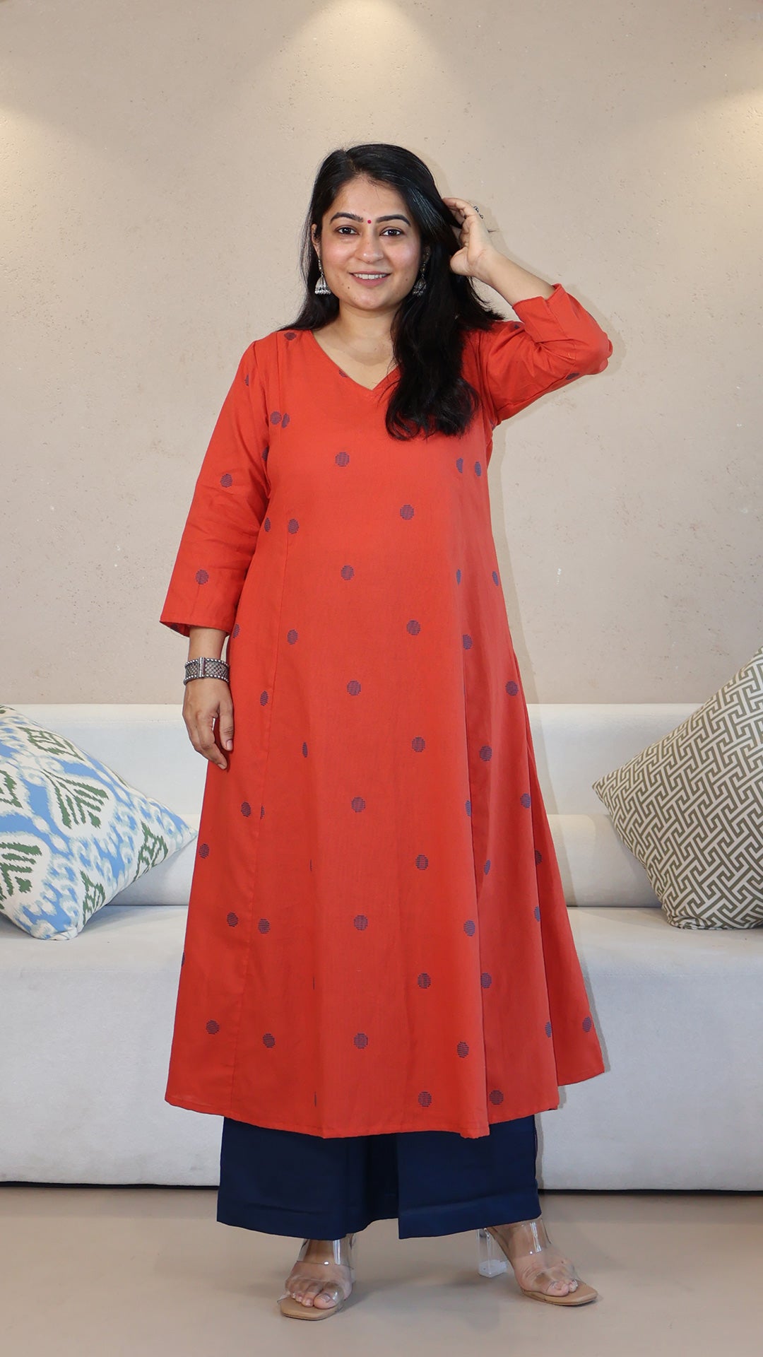 Orange Dots Motif Handwoven Cotton Kurta