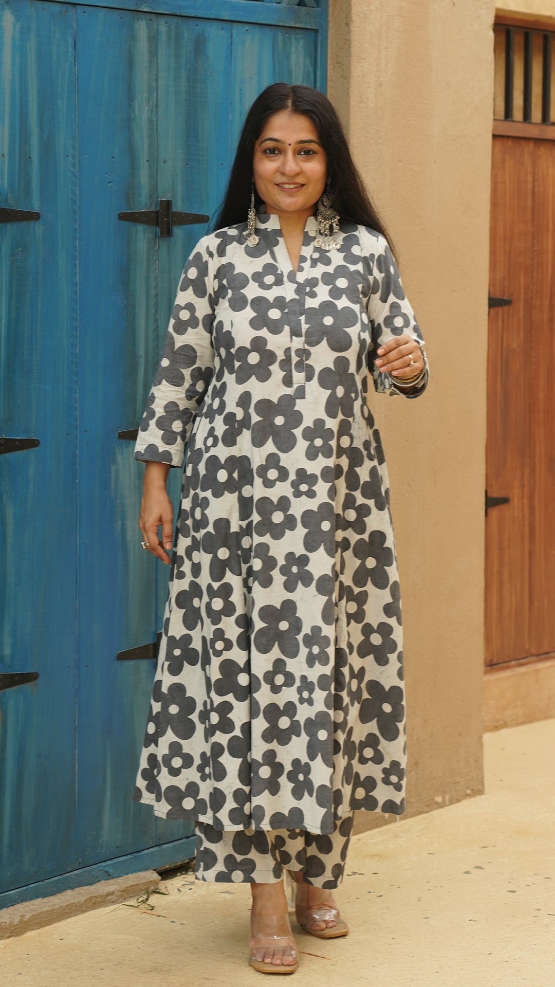 Rhea - Grey Floral Kali Kurta In Cotton