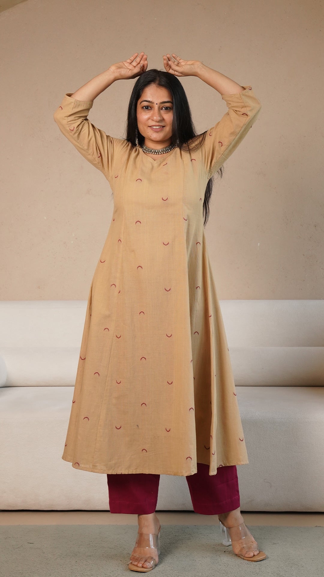 Zavi Chand Motif Hand Woven Kali Cotton Kurta - Sand