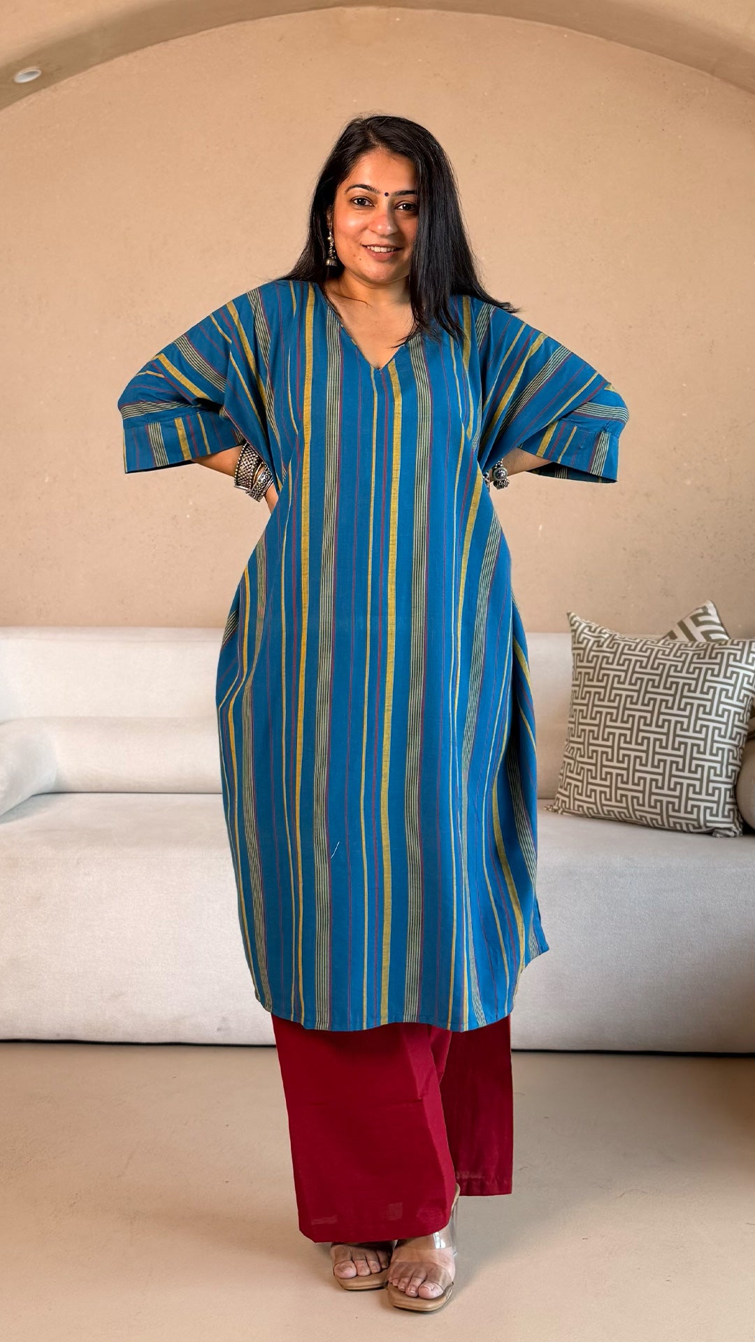 Anoli Stripes Kaftan Co-ord In Handwoven Cotton - Blue