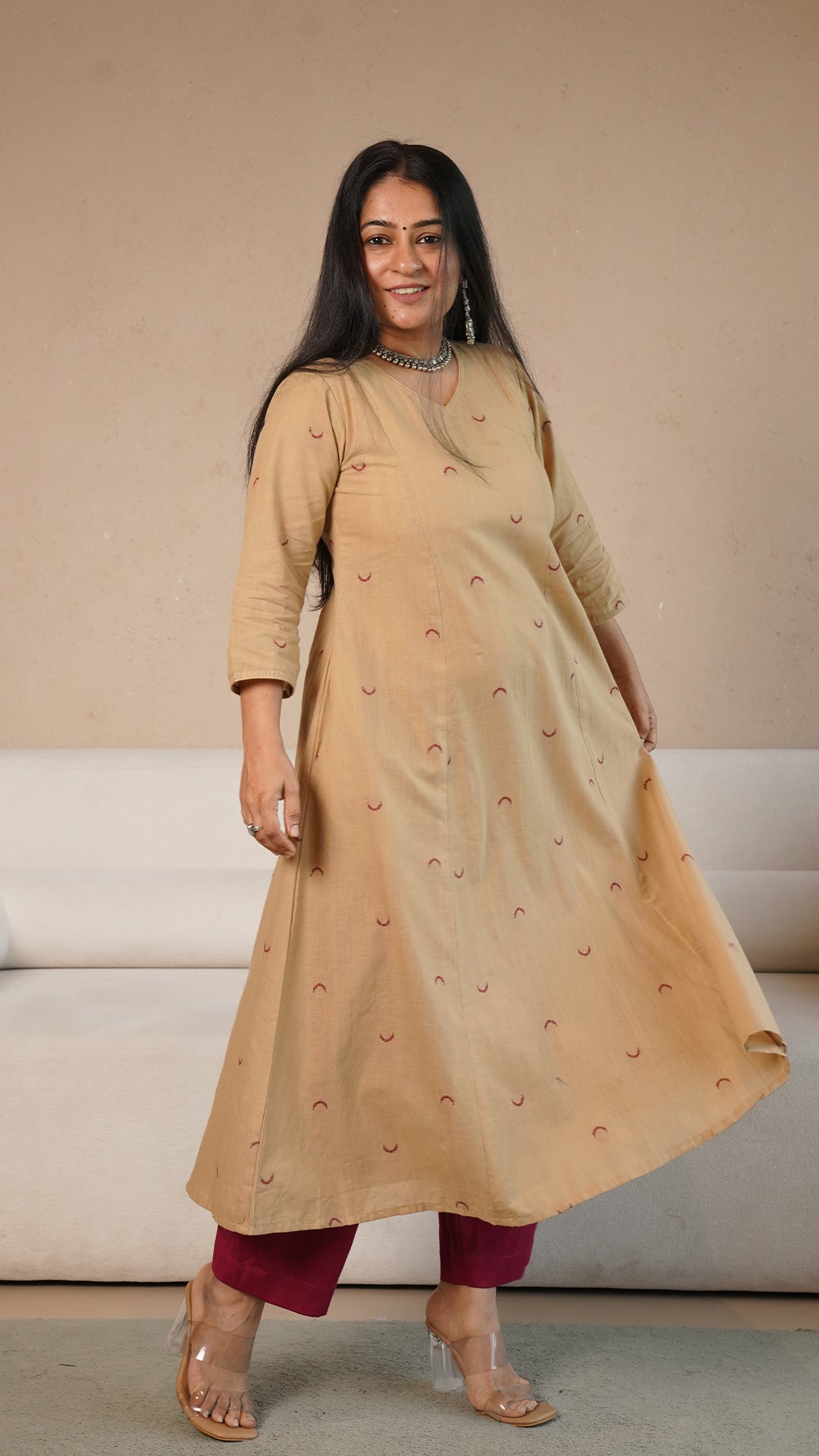 Zavi Chand Motif Hand Woven Kali Cotton Kurta - Sand
