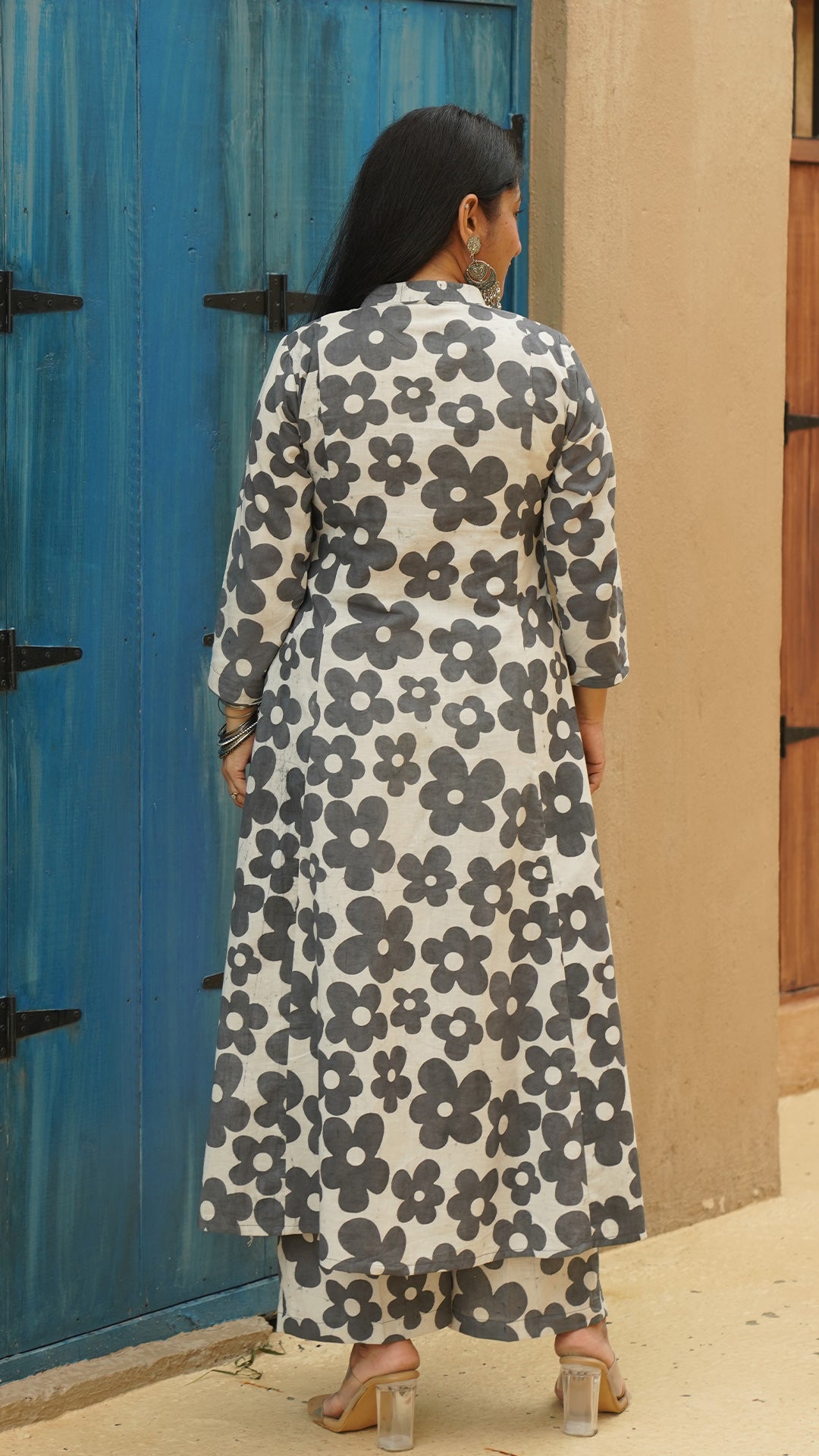 Rhea - Grey Floral Kali Kurta In Cotton