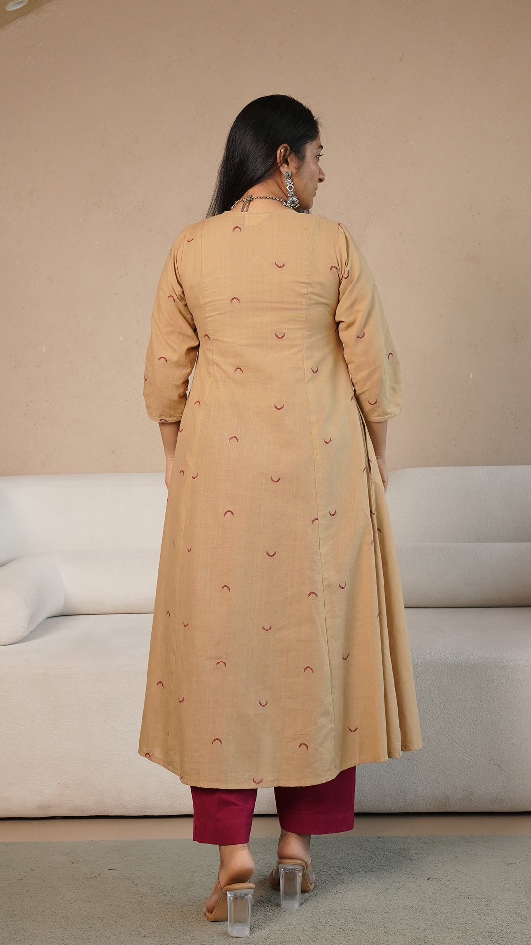 Zavi Chand Motif Hand Woven Kali Cotton Kurta - Sand