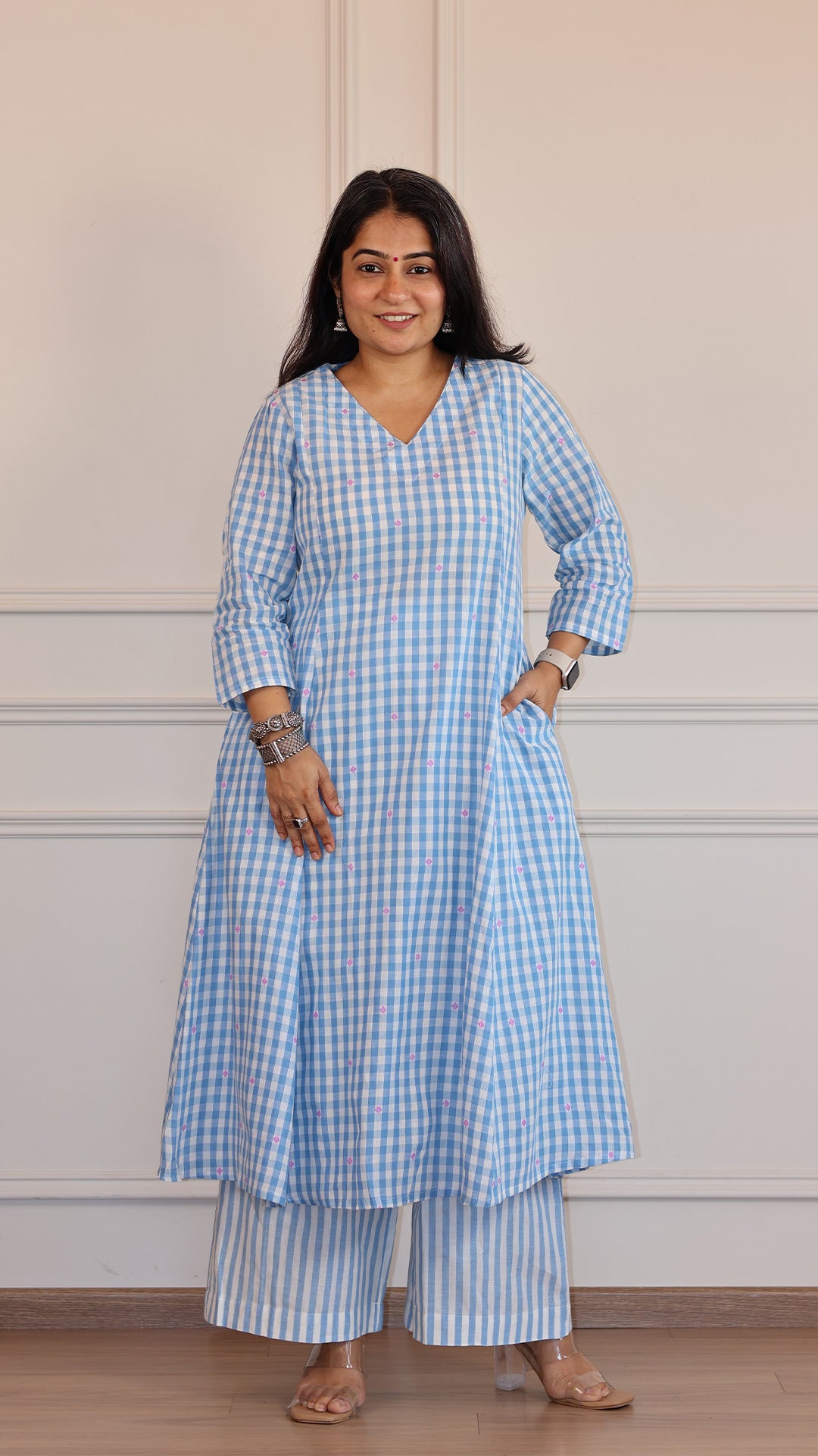 Checks and Stripes Handwoven Cotton Kurta - Light Blue