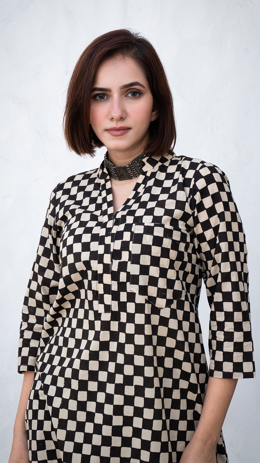 Alisha Checkered Co-ord Set In Cotton - Black