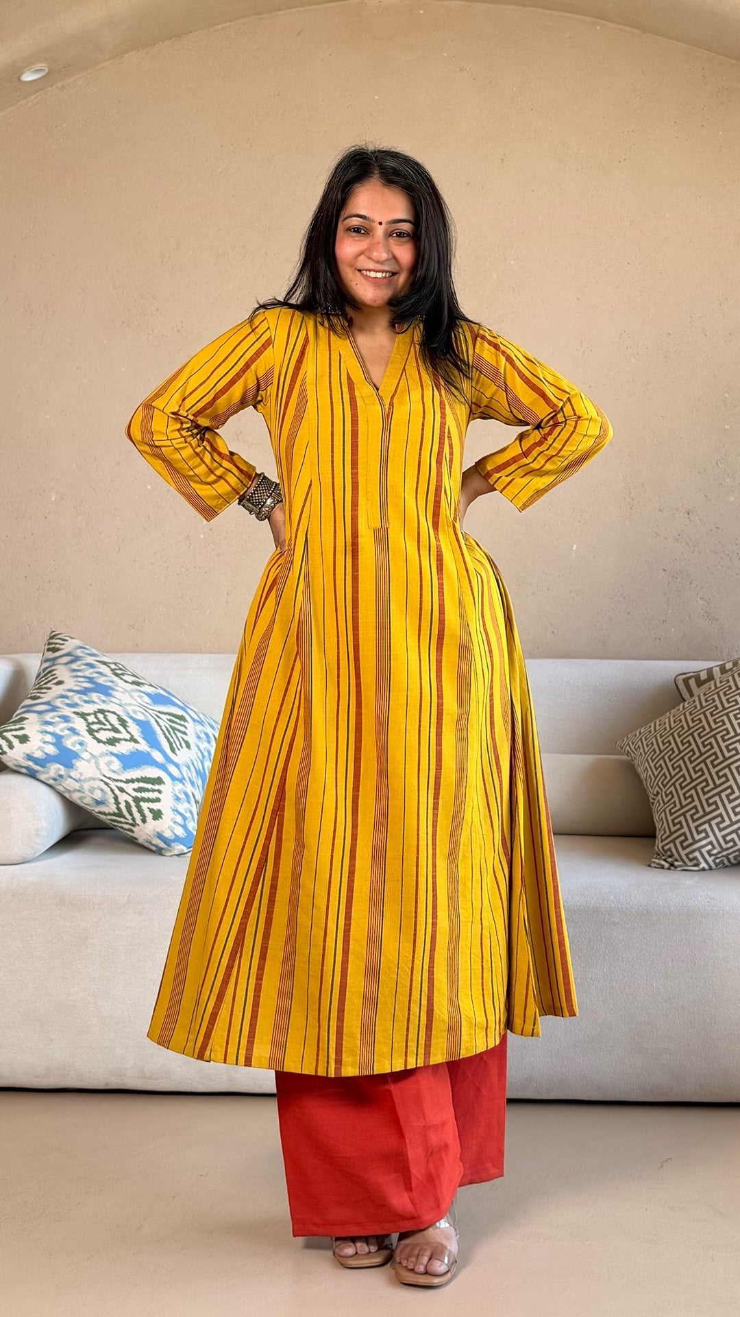 Nazreen Handwoven Stripes Cotton Kurta - Yellow/Rust