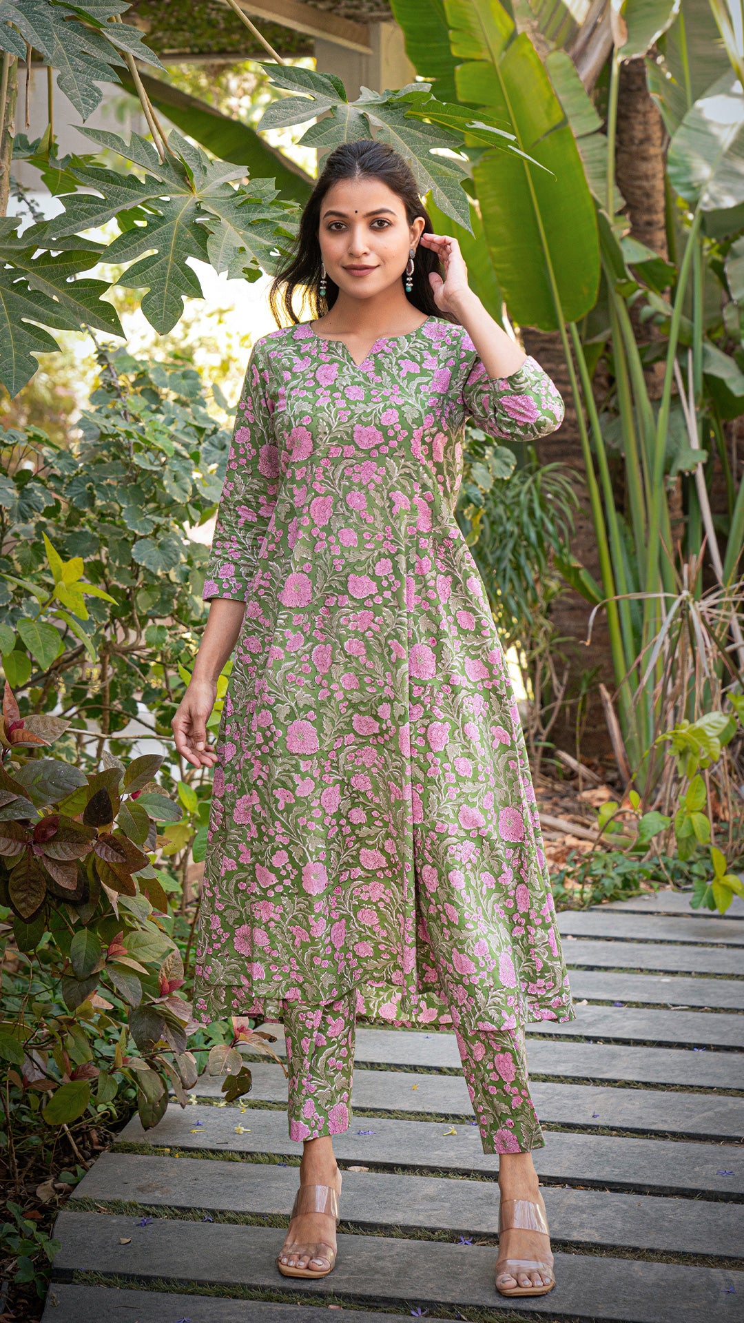 Shanaya Sanganeri Hand Block Kali Cotton Kurta - Green