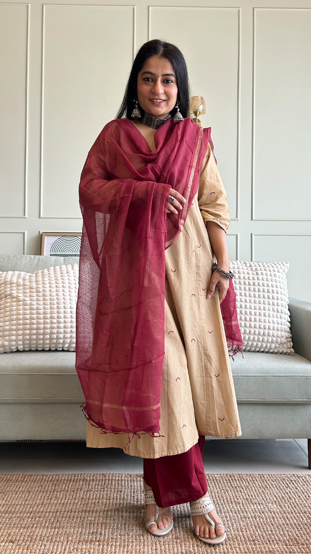 Zavi Chand Motif Hand Woven Kali Cotton Kurta - Sand