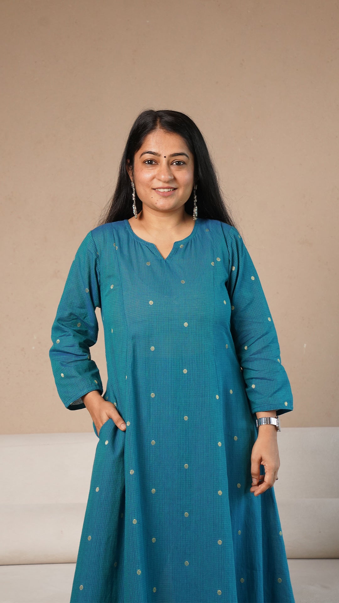 Keya Hand Woven Golden Zari Motif Kali Cotton Kurta - Blue