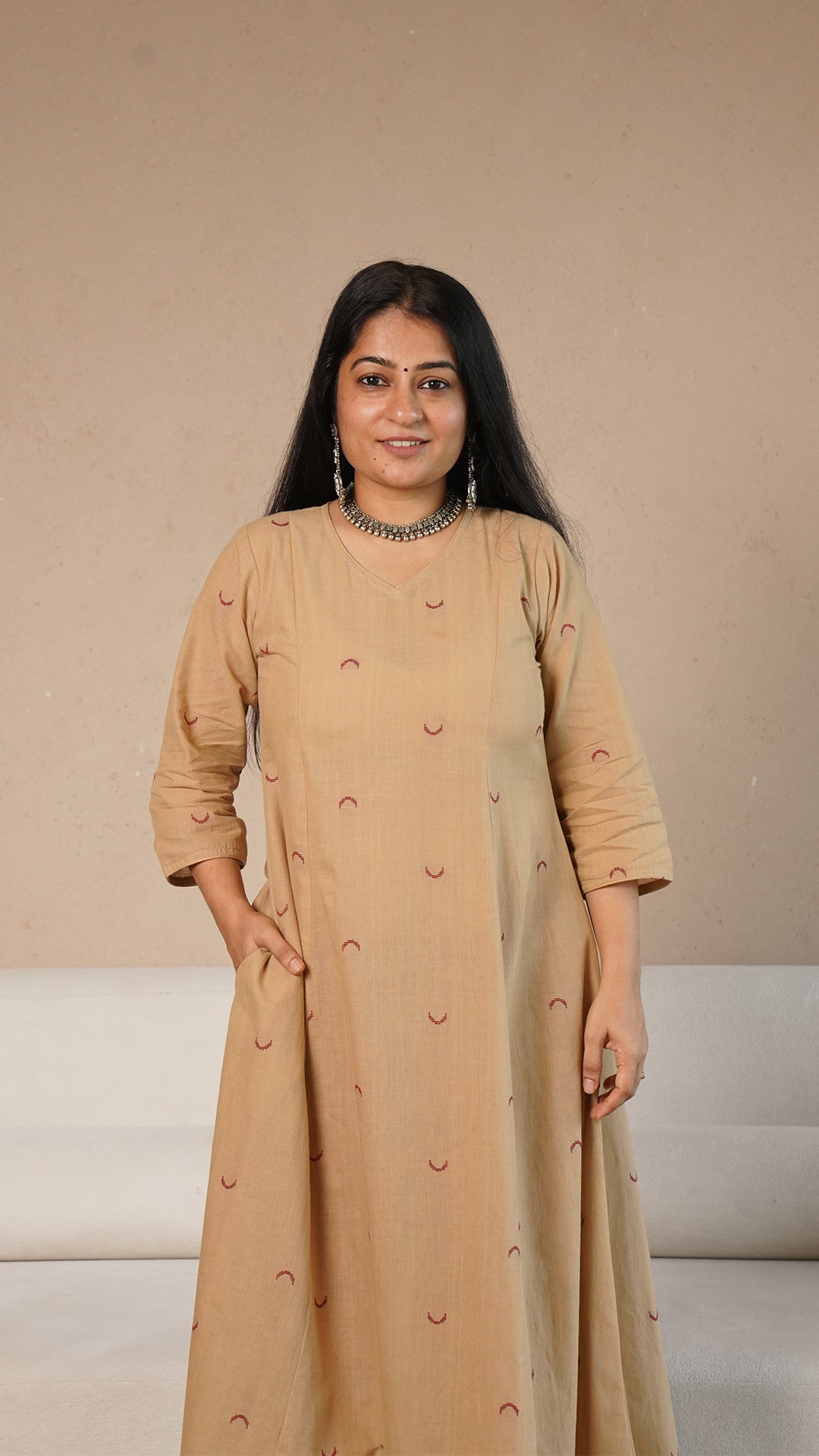 Zavi Chand Motif Hand Woven Kali Cotton Kurta - Sand
